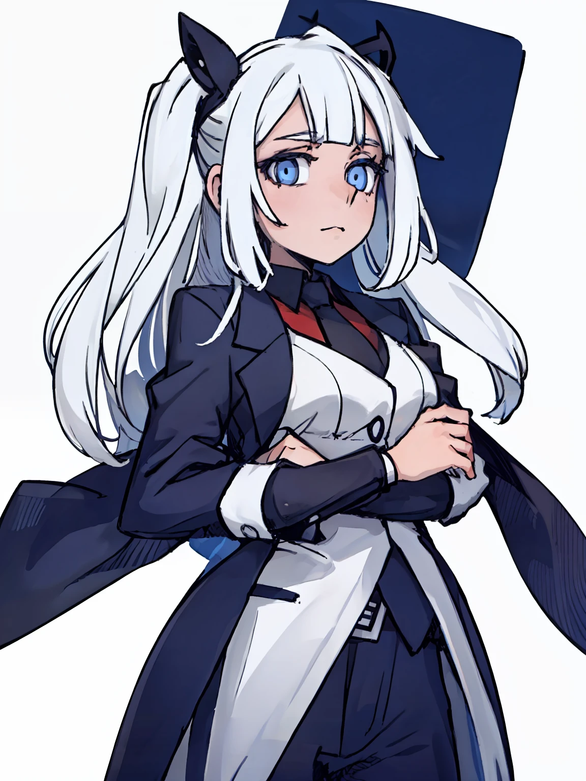 A girl frontal,((two sides up),(A half body),(White color hair),(blue color eyes)),In black suit,Blue lining,Young, White background
