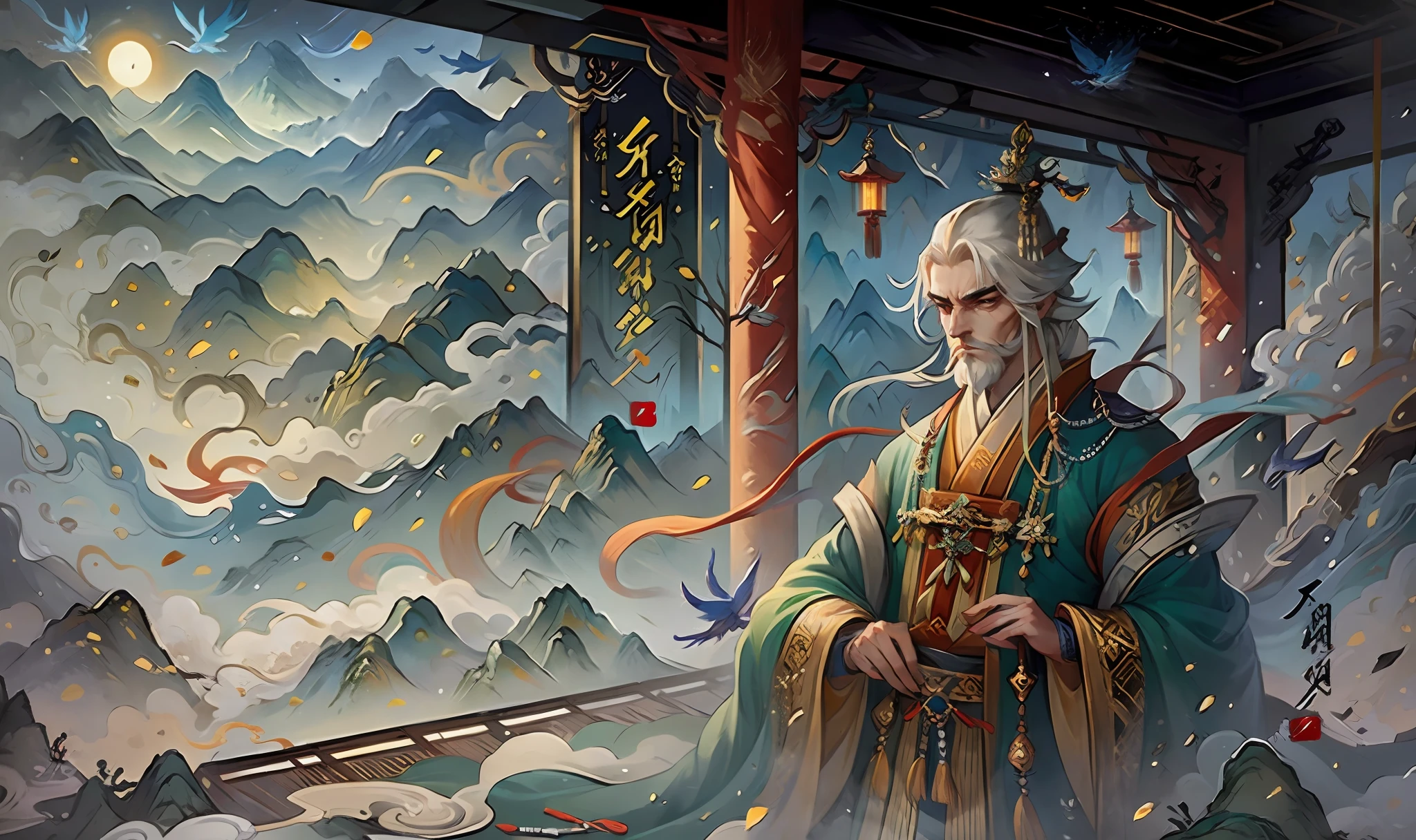 mtu,a old man,Long beard,Taoist robes,An ancient Chinese painting, Ancient Chinese background, mountain ranges, rios, Auspicious clouds, Pavilions, rays of sunshine, tmasterpiece, super detailing, Epic composition, hyper HD, high qulity, extremely detaile, offcial art, 统一 8k 壁纸, super detailing, 32k -- at 6 five,Root finger