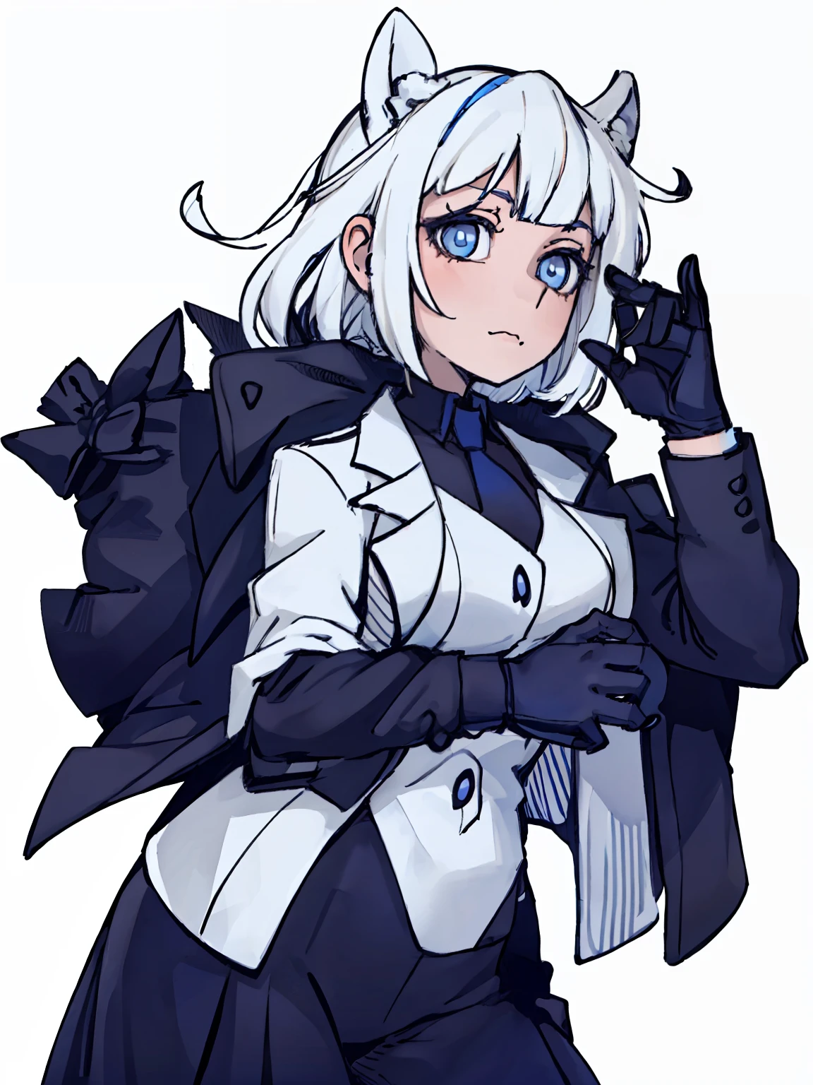 A girl frontal,((two sides up),(A half body),(White color hair),(blue color eyes)),In black suit,Blue lining,Young, White background