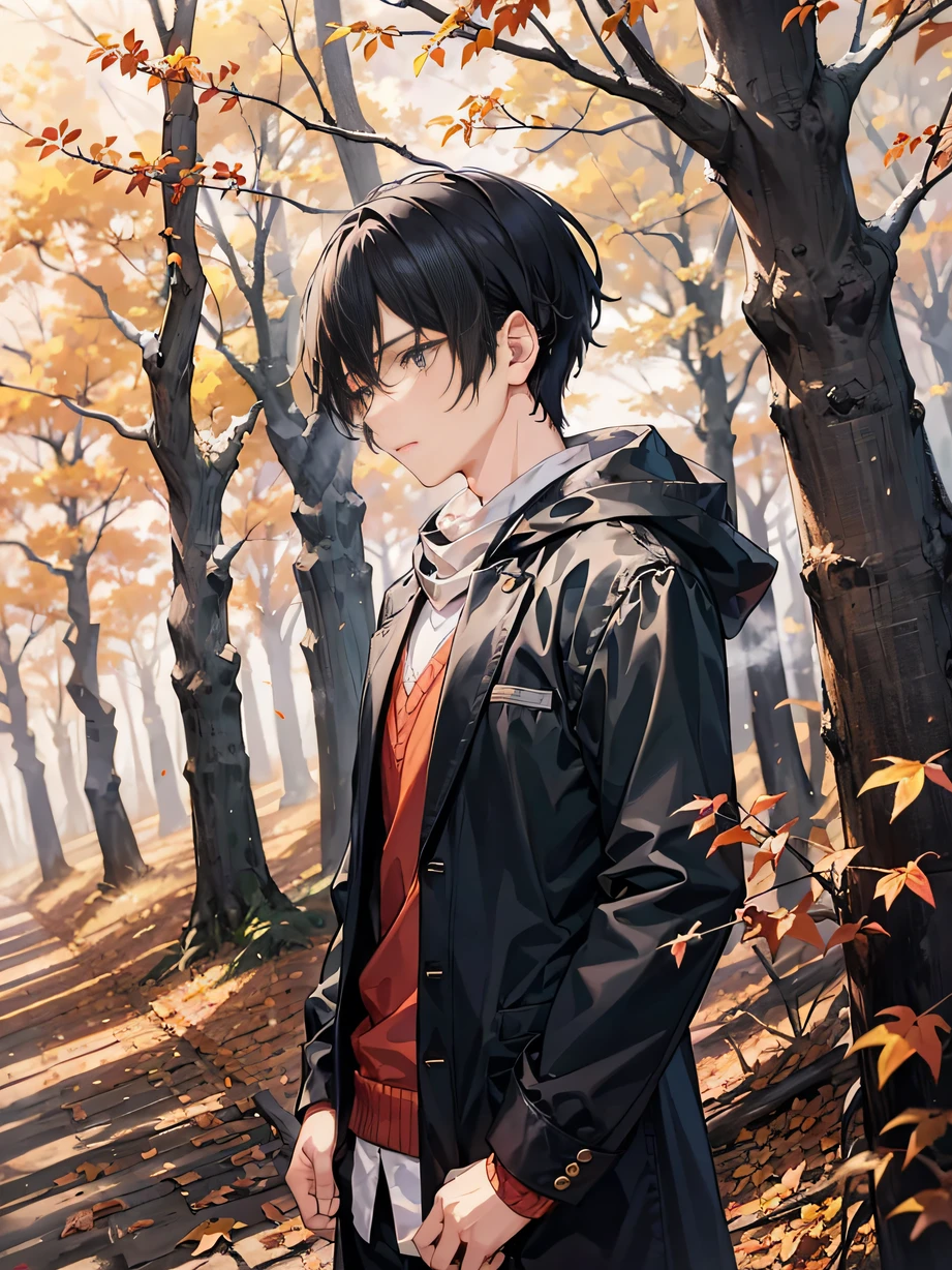 ，Masterpiece, Best quality，8K, 超高分辨率，In a bleak forest of autumn leaves，Foggy，Form a hazy scene。A young man stands alone on a path covered with dead leaves，His hairstyle is messy，Clothes fluttering。There was sadness on his face