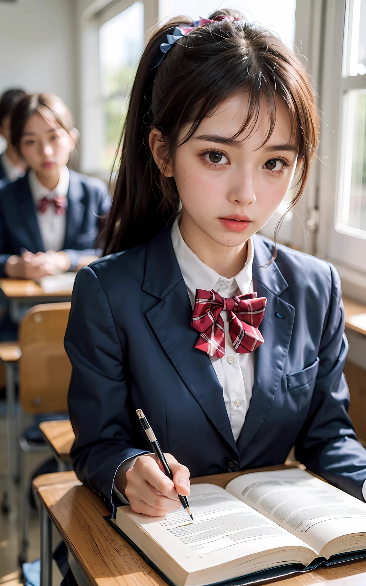 ((​masterpiece))), (((top-quality))), ((ultra-detailliert)), (A hyper-realistic), (High Definition CG Illustration), Cinematic Light, Photorealsitic,Very beautiful 16 years old、((Multiple students in the background、In class))、((The upper part of the body))、((Good anatomy:1.2))、((Dark blue blazer:1.2))、((High school girl taking a lesson in a classroom、Textbook spread out on desk:1.2))、((serious facial expression、Very red cheeks))、((dark brown hair、Ponytail hair))、Detailed eye、A detailed face、kawaii、Beautiful skins、((a bow tie、Plaid pleated skirt))、Detailed fabric texture、(Japan Schools、Bright classroom、Multiple students、Random Face、blur backgroun)、Soft light、Don't expose it