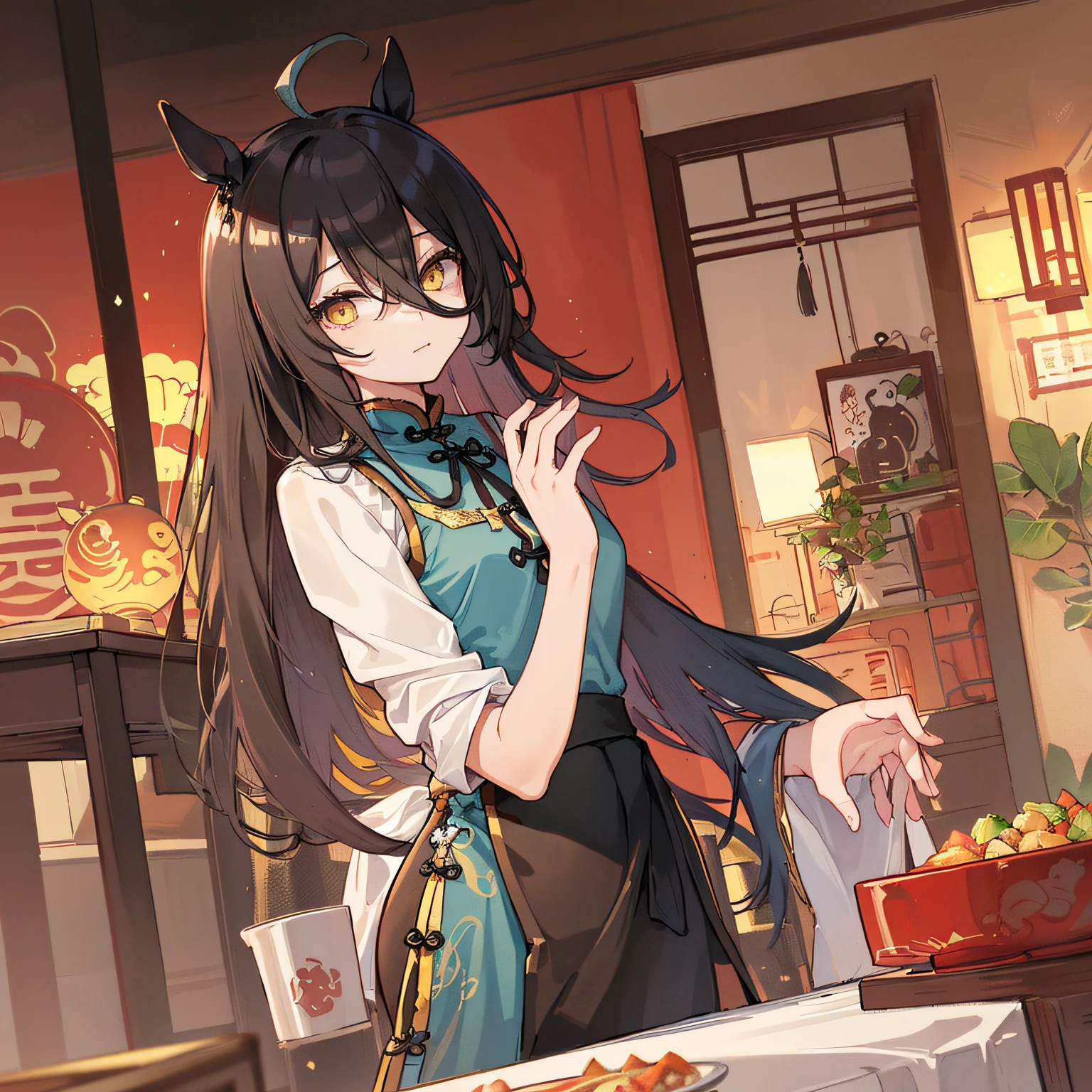 black hair, hair bobbles, wince, longeyelashes, solid circle eyes, fake animal ears, light smile, ear blush, fang, black hair, long hair, blindfold, fox ears, drunk, Surrealism, drop shadow, anaglyph, stereogram, tachi-e, pov, atmospheric perspective, anime style, depth of field, cinematic lighting, 8k, super detail, ccurate, best quality, high details, award winning, award winning, award winning --auto