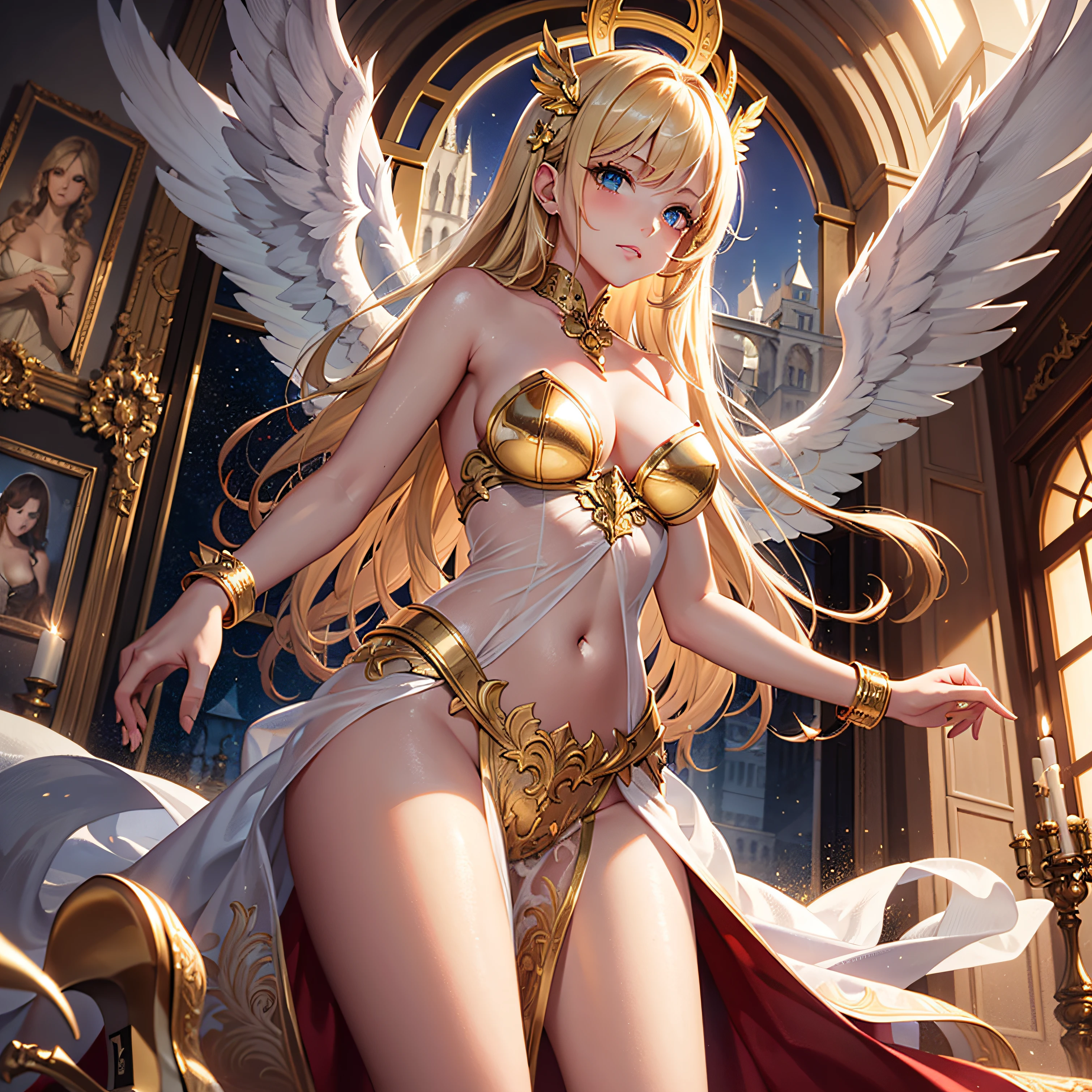 (Masterpiece, Best quality, Detailed background, Intricate details), Floating golden castle, 1girll, angel, Blonde hair, Blue eyes, a glowing halo, Large glowing wings, Semi-naked with long legs ,stocking,high heels