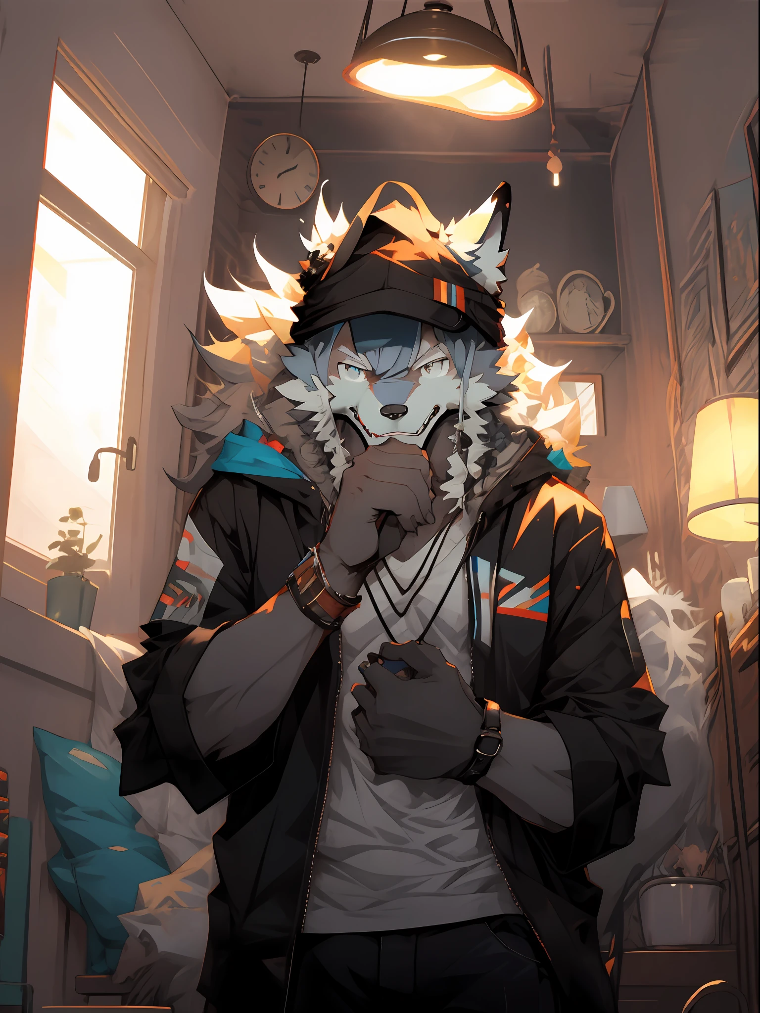 ,There is a wolf-like body and a shirt, muscular werewolf, hairy chest, furry wolf, fluffy chest, hairy bodies, Sexy werewolf, Muscular!!Lying in bed playing with your phone,The background balcony is shining brightly