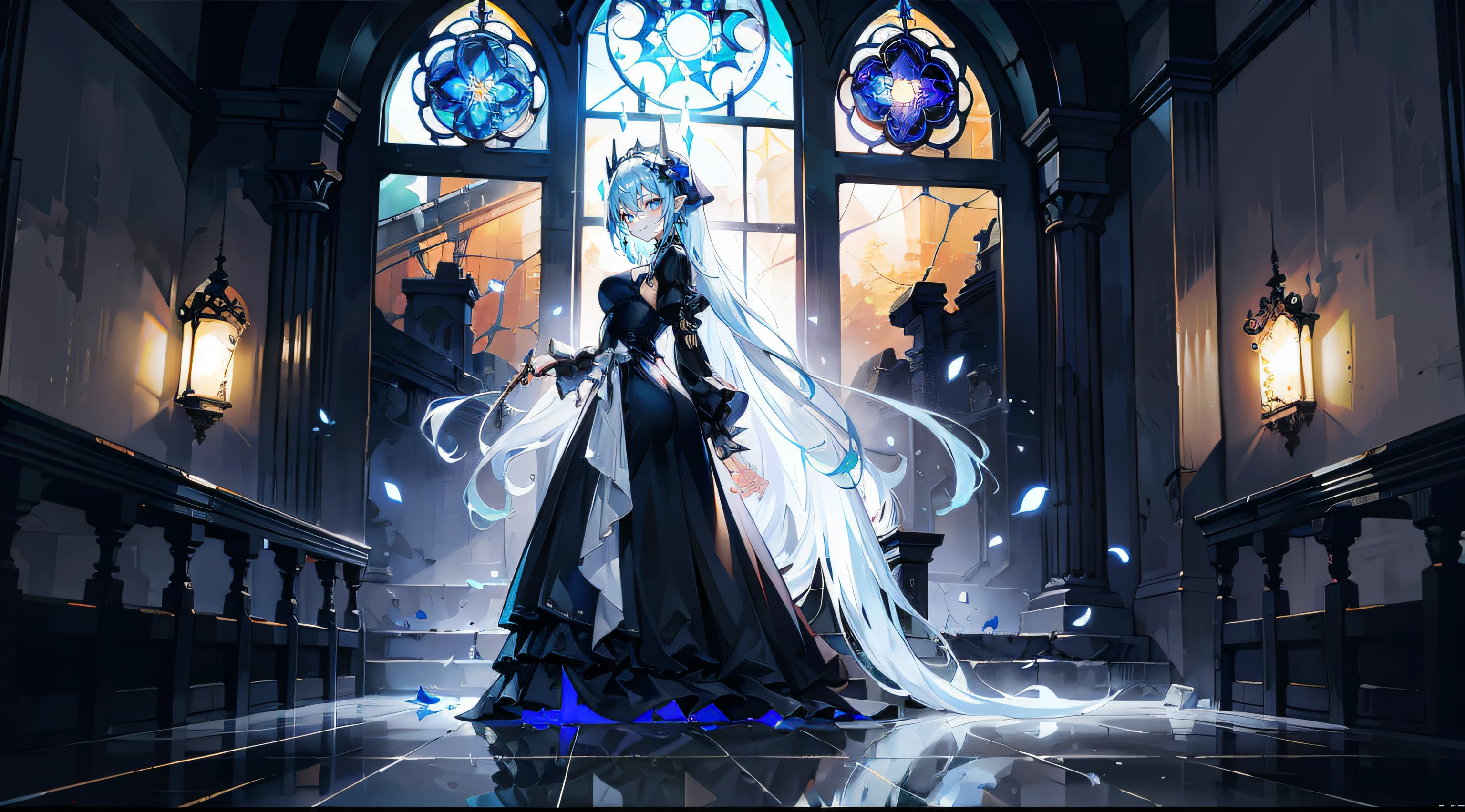 (A young girl stands on the ground、Side diagram、Turn Back,looking at the camera in,The camera is on the floor、Bottom-up framework),(Black dress long dress(Medieval evening dress、leniency、fluffly、pleatedskirt、Lace lace、Thorn lines、Rose pattern、Silver or dark gold lace,bound waist,Black veil、cranium、Cloak),ornate decoration,high-heels),(Dilapidated church exterior、Fragmentation、run-down、Completely abandoned、Collapse the wall,Only ruins remain),Black marble floor,The ground reflects the reflection of the starry sky,Carved stone slabs、stone pillar,blurryforeground,Falling blue petals and fireflies,(Reduced saturation,cold shades,Black tones,Dark black background、the night,There is a hierarchical background,Cold reflection,Contre-Jour,The edges of the object are blue and reflective,Galaxy River、extreme light,Fragmentation、The church's huge stained glass windows were destroyed),ultra-wide-angle,fully body photo,Striped hair, single sidelock, crossed bangs, Blue hair, scar on the cheek, scars on eyes, over-rim eyewear, Pure white snowflake hair accessories, x-shaped pupils, eyes reflection,, Diamond-shaped pupils, Pointy ears, Cyan crescent earrings, Stick out your tongue, Evil smile, Smug, Crazy smile, teeth, reflective light, Depth of field, Cinematic lighting, Best quality, 8K, Anatomically correct,