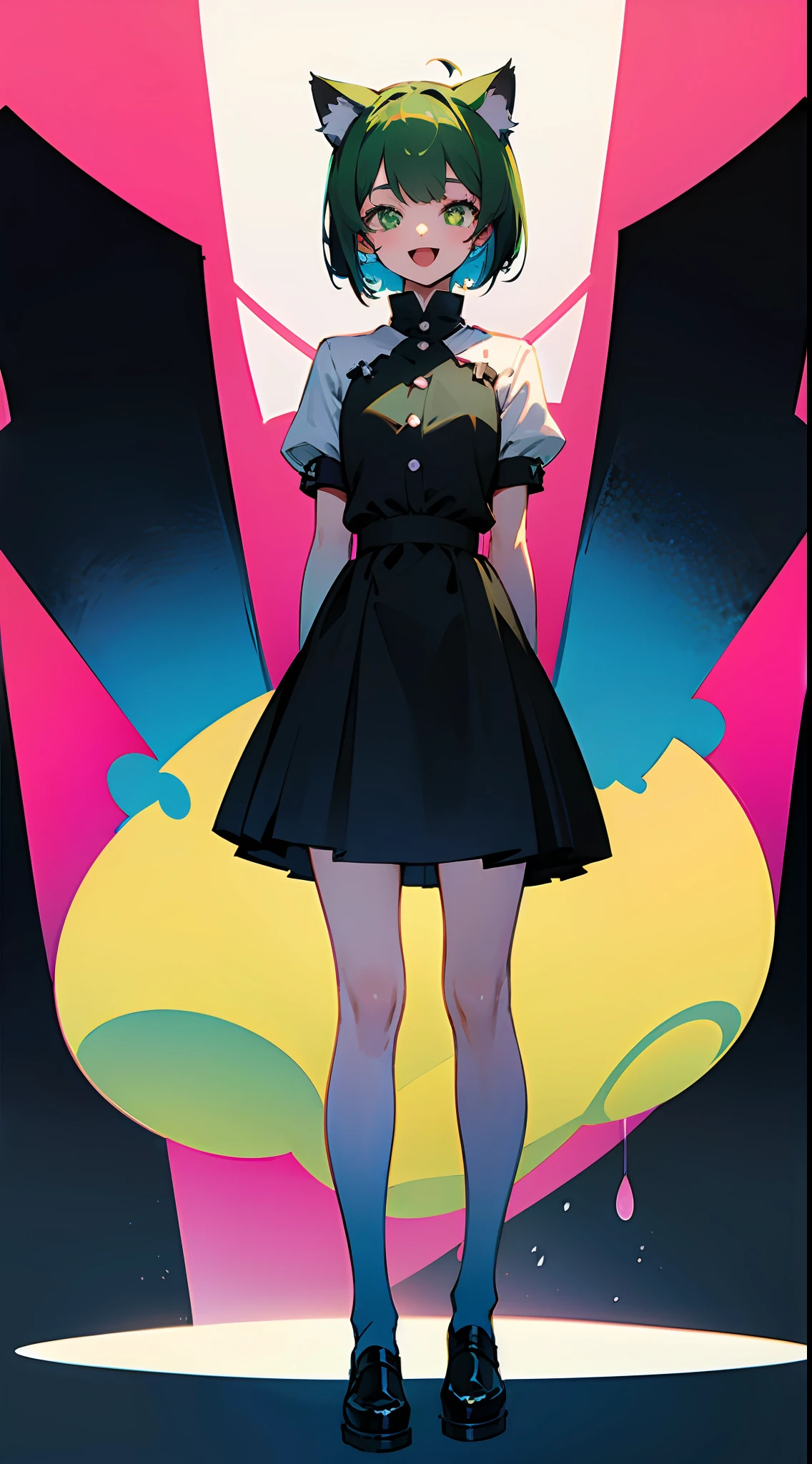 full body, standing upright, arms at sides, looking at viewer, pure-colored background, 1girl, open mouth, green short hair, cat ears, smile, wearing blue and pink