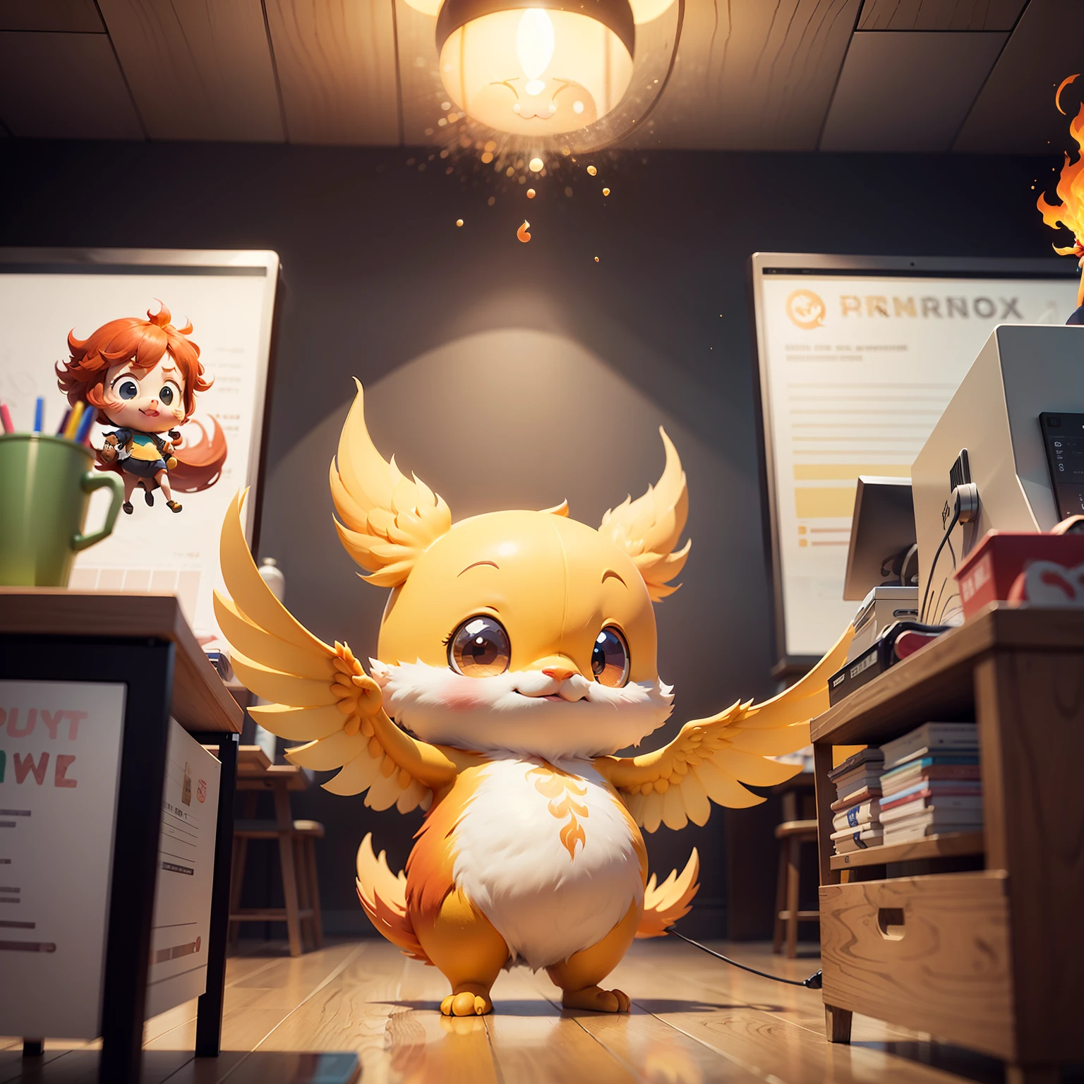 A yellow cartoon phoenix, The letter P is written on the stomach,Stand naturally，Bubble Mart style，Bright and harmonious，3D animation style character design，Cute cartoon character, blindbox，Q version anthropomorphic，Meeting in the office --auto