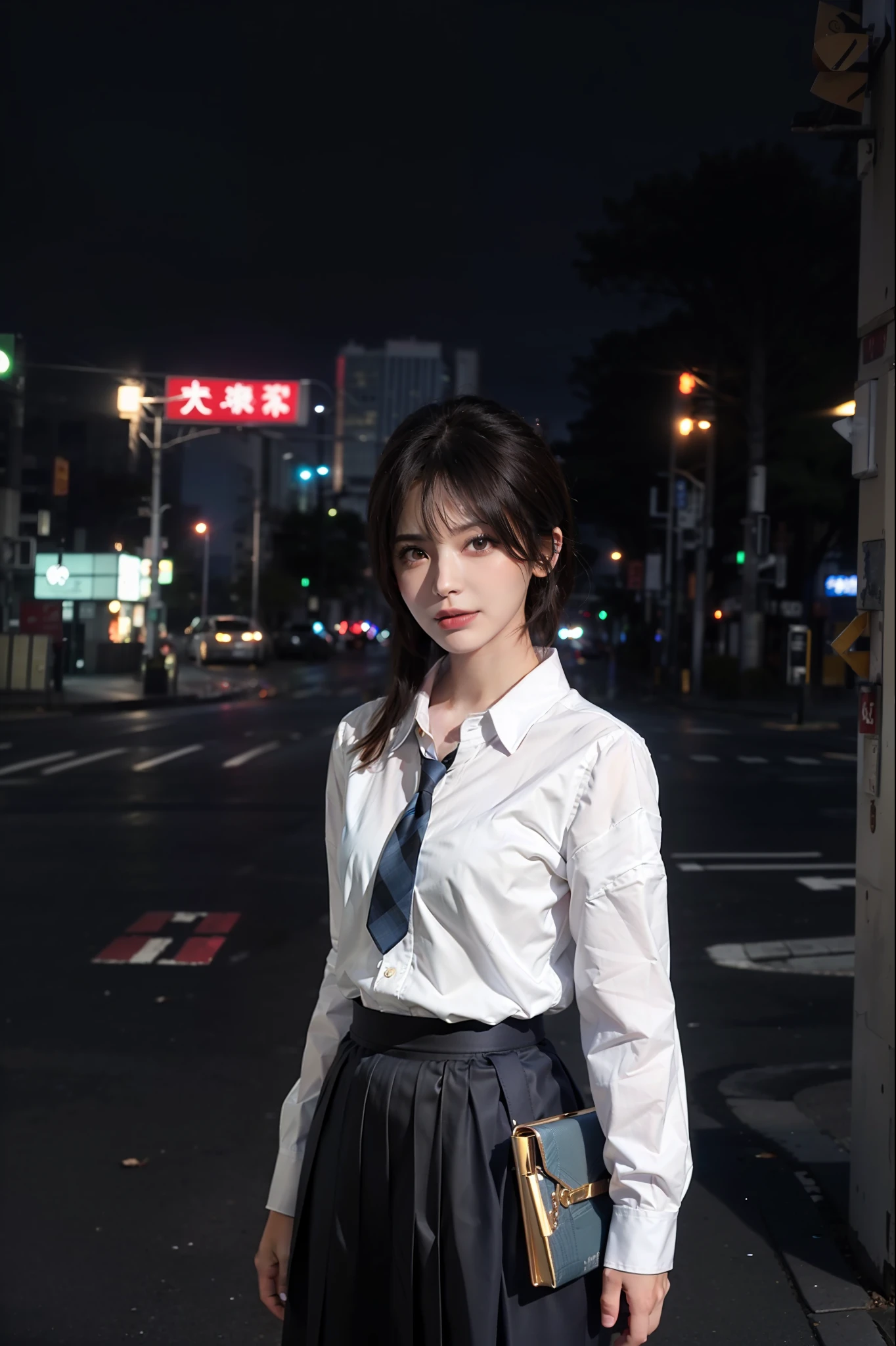 (8k, RAW photo, best quality, masterpiece:1.2), (realistic, photo-realistic:1.37), ultra-detailed,
1 girl,cute, solo,beautiful detailed sky,detailed tokyo street,night,
medium breasts,beautiful detailed eyes,(collared shirt:1.1), bowtie,pleated skirt,(short hair:1.2),floating hair