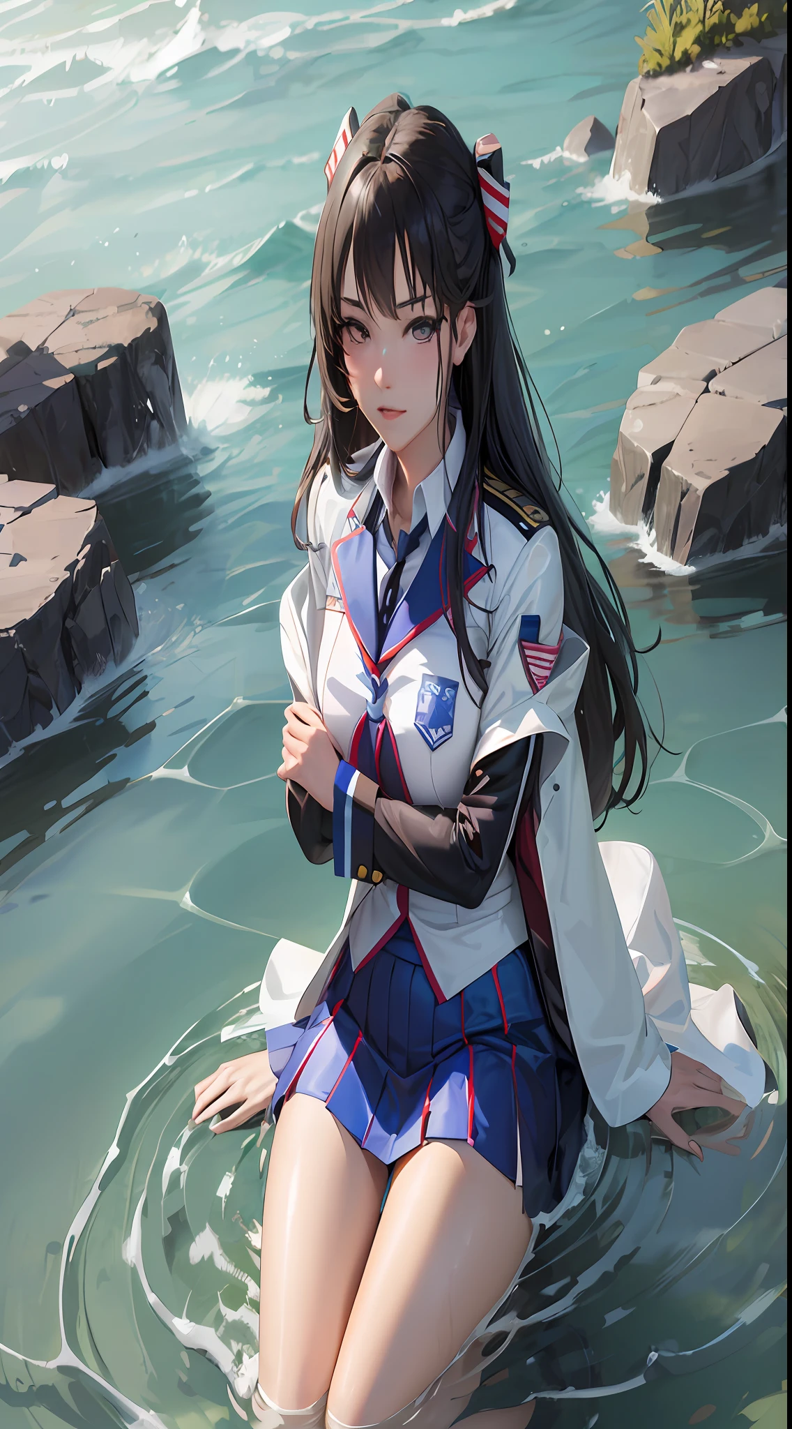 Anime girl sitting in water in blue and white uniform, Kantai collection style, Anime girl cosplay, Guviz-style artwork, the anime girl is crouching, Makoto Shinkai and Artgerm, Smooth anime CG art, Anime girl walking on water, Anime girl in real life, azur lane style, Sailor uniform