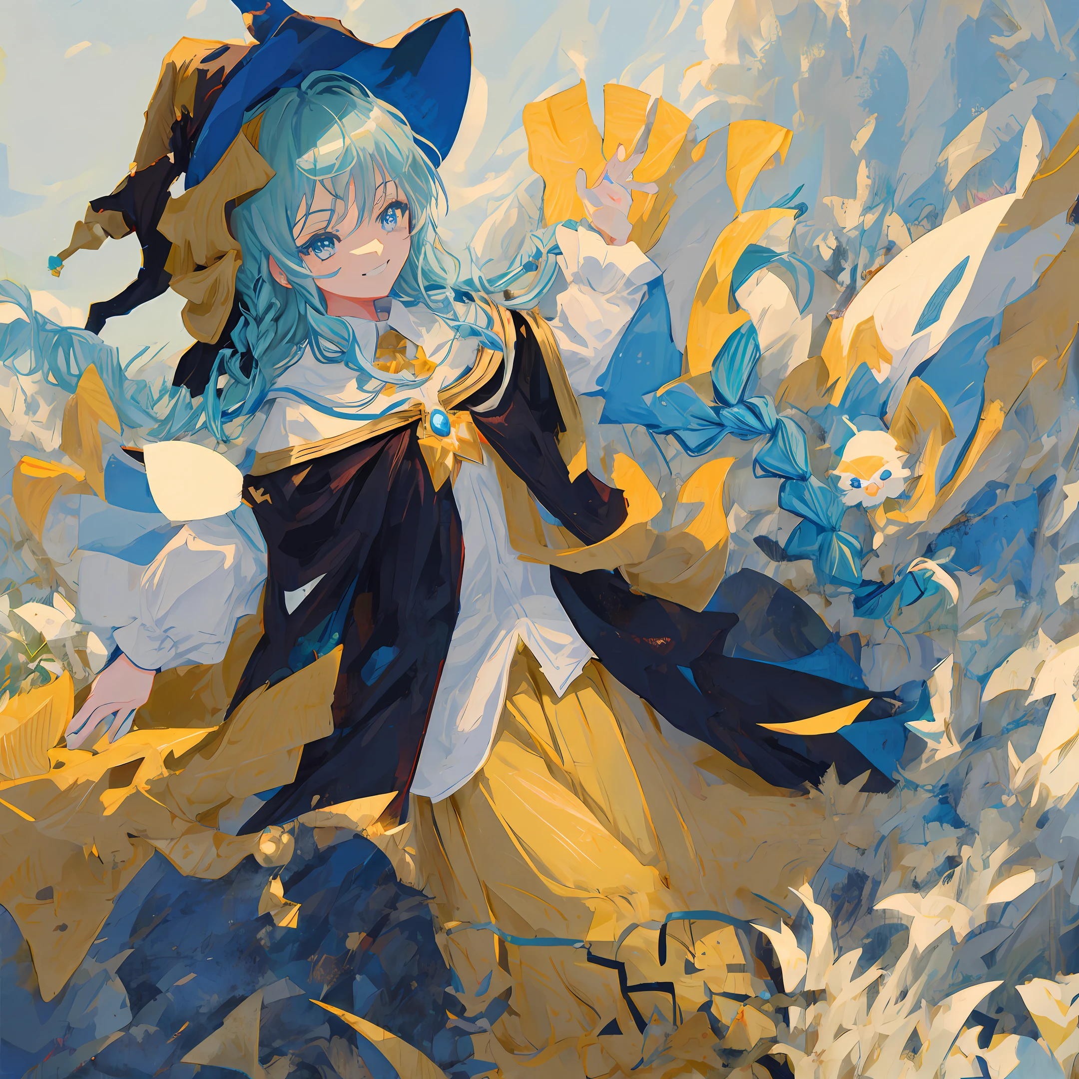 Blue Eyes Anime Blue Low Double Twist Braid, Witch Hat, Yellow Cloak, White Shirt Underneath, Squinting Smile, Enchanting Pose, Background Field
