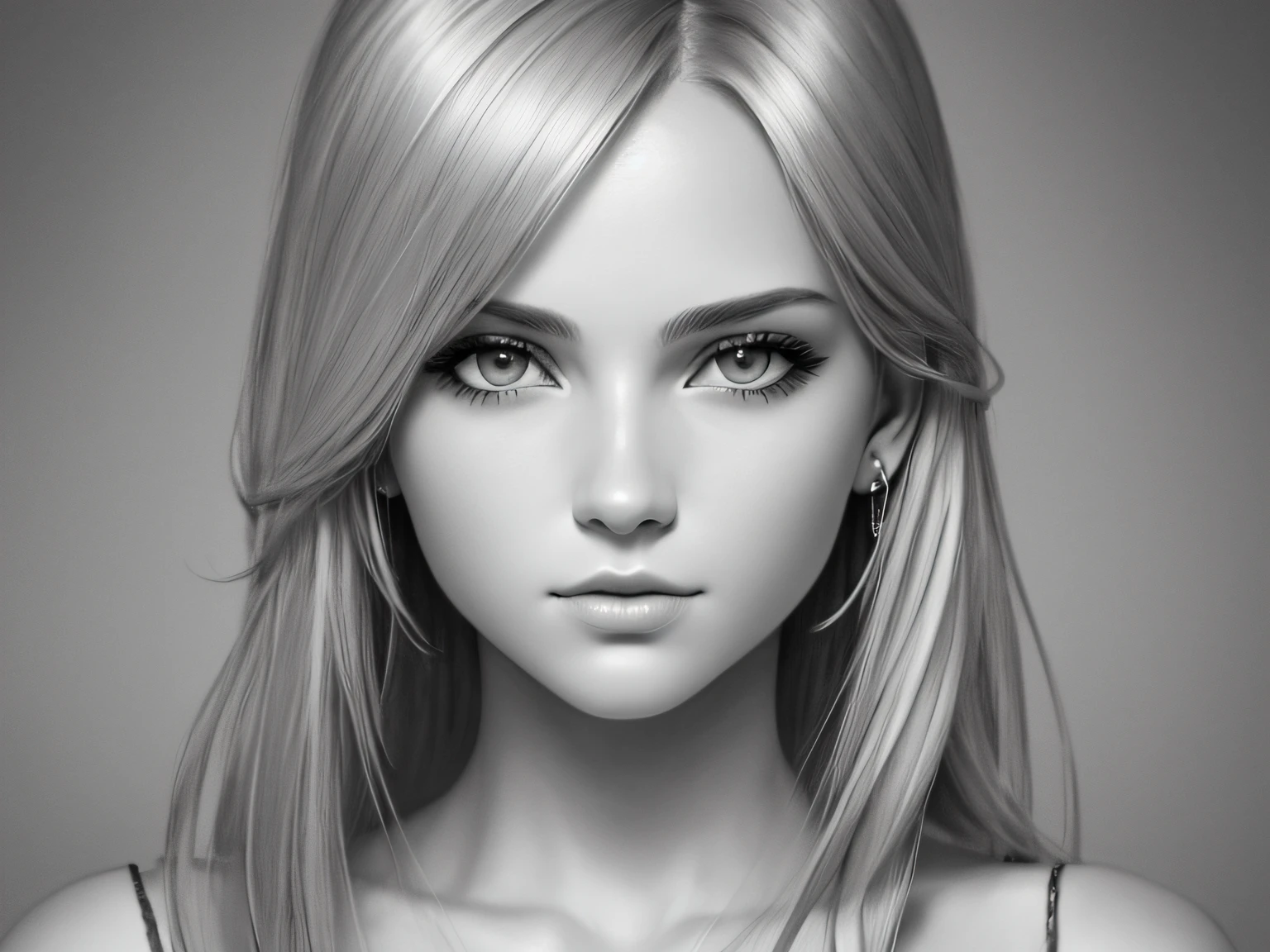 portraitures, 1girl in, stunningly attractive, The upper part of the body, sface focus, ighly detailed, top-quality, blondehair, (monochromes:1.2), grayscales, GRAPHITE \(midiam\), Drawing、Photo Real, in 8K --auto