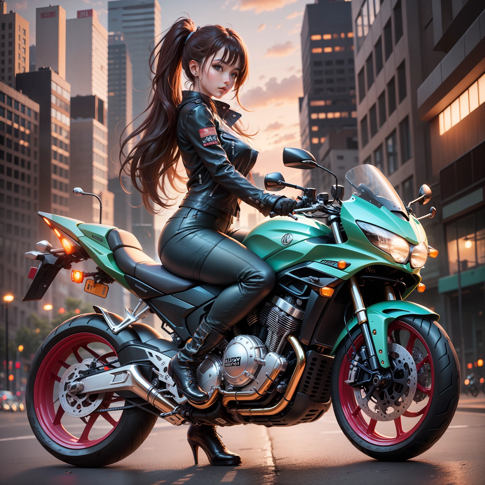 Top quality CG images、Amazing resolution、The image of a beautiful girl。Black leather jacket and leather pants、Girlfriend with long hair in a ponytail straddling a motorcycle。In the background、Quiet evening city and orange sky prevail。