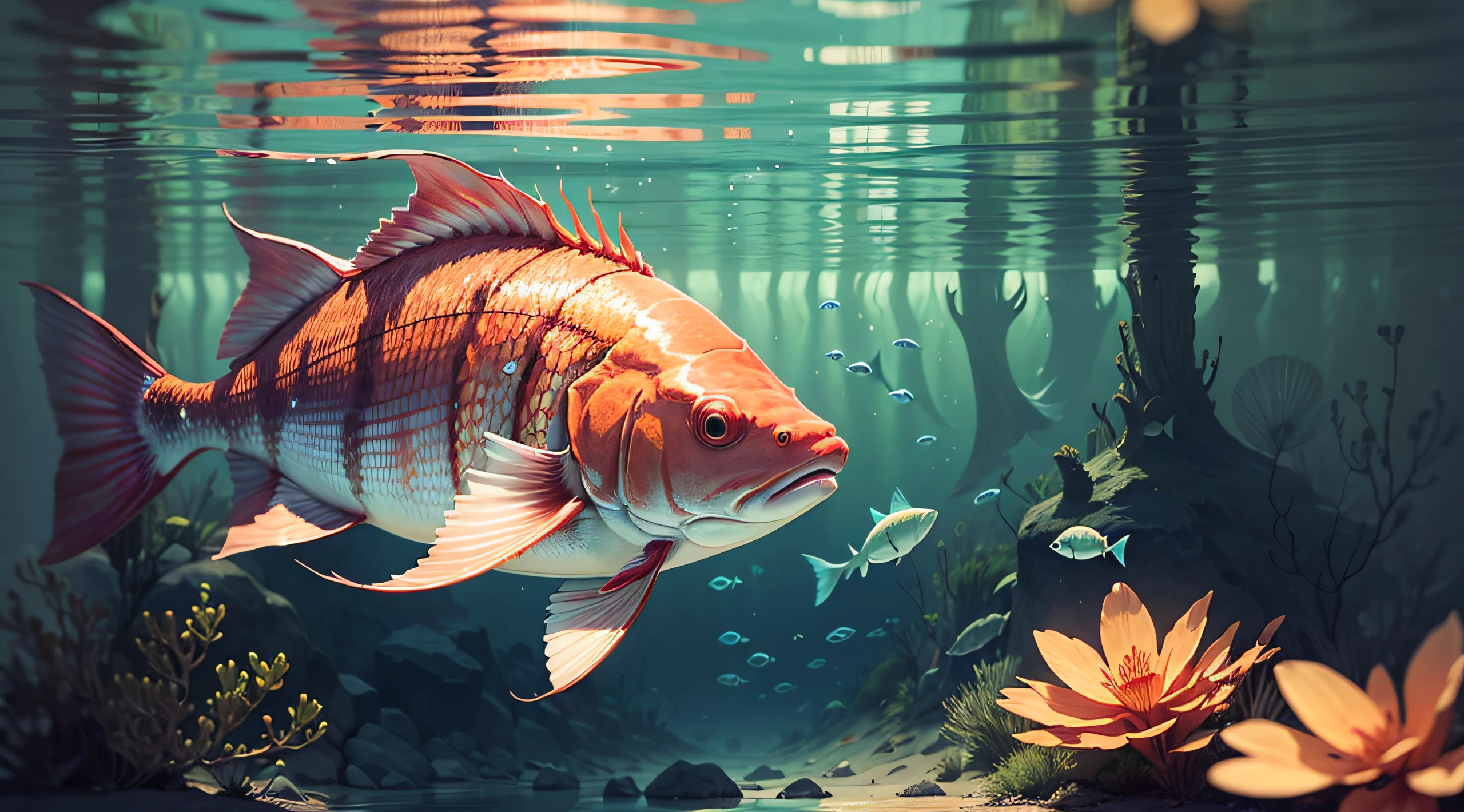 Redfish swim with flowers ；There is clear water --auto