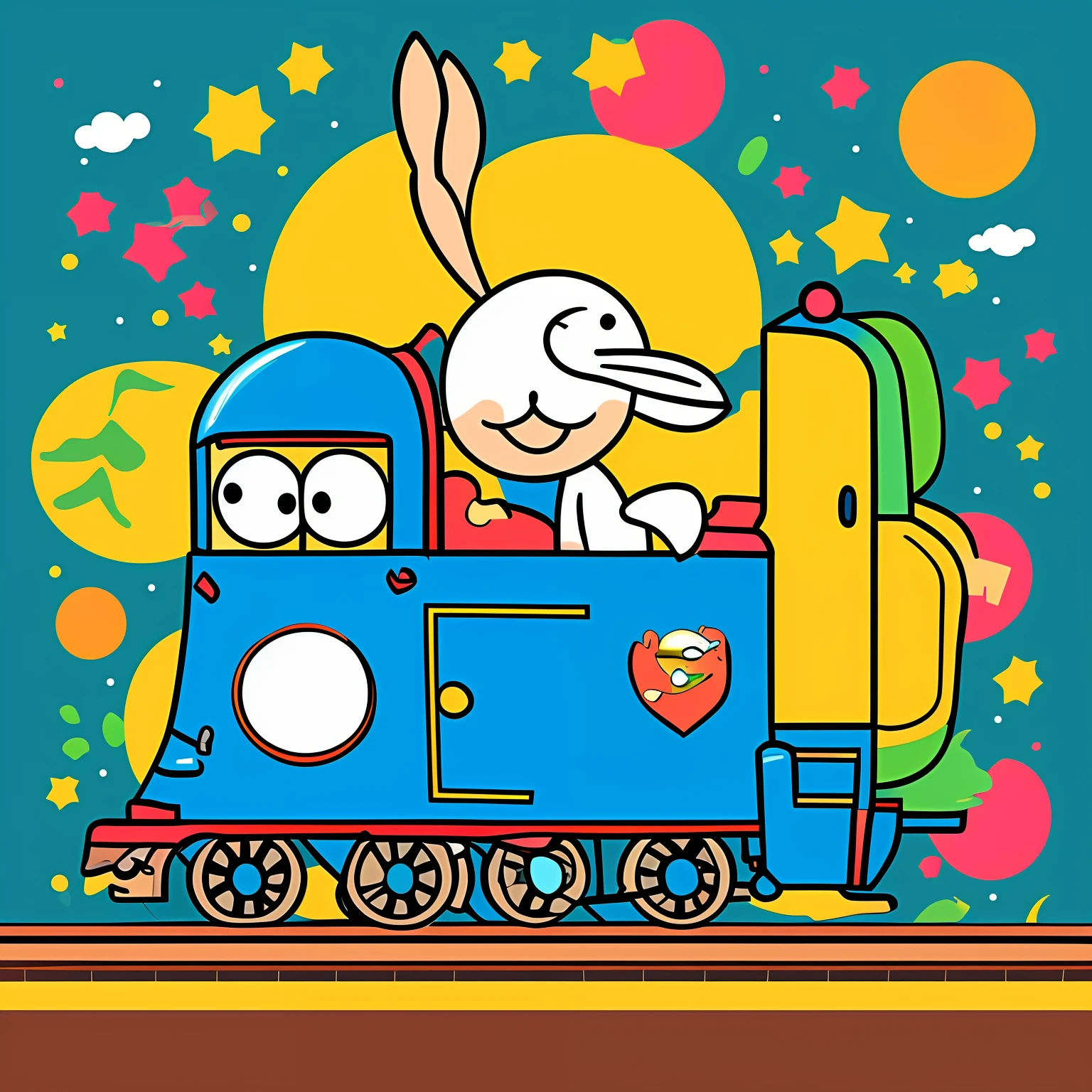 cartoon image design with a train and rabbits, vector art by Chizuko Yoshida, shutterstock, mingei, cute cartoon style, cuddly、CARTOON, Hand drawn cartoon art style, cartoonish vector style, cartoon artstyle, japanese cartoon style, simple cartoon style, animation cel for anime movie, cartoonish graphic style, cartoonish cute, cute cartoon character --auto