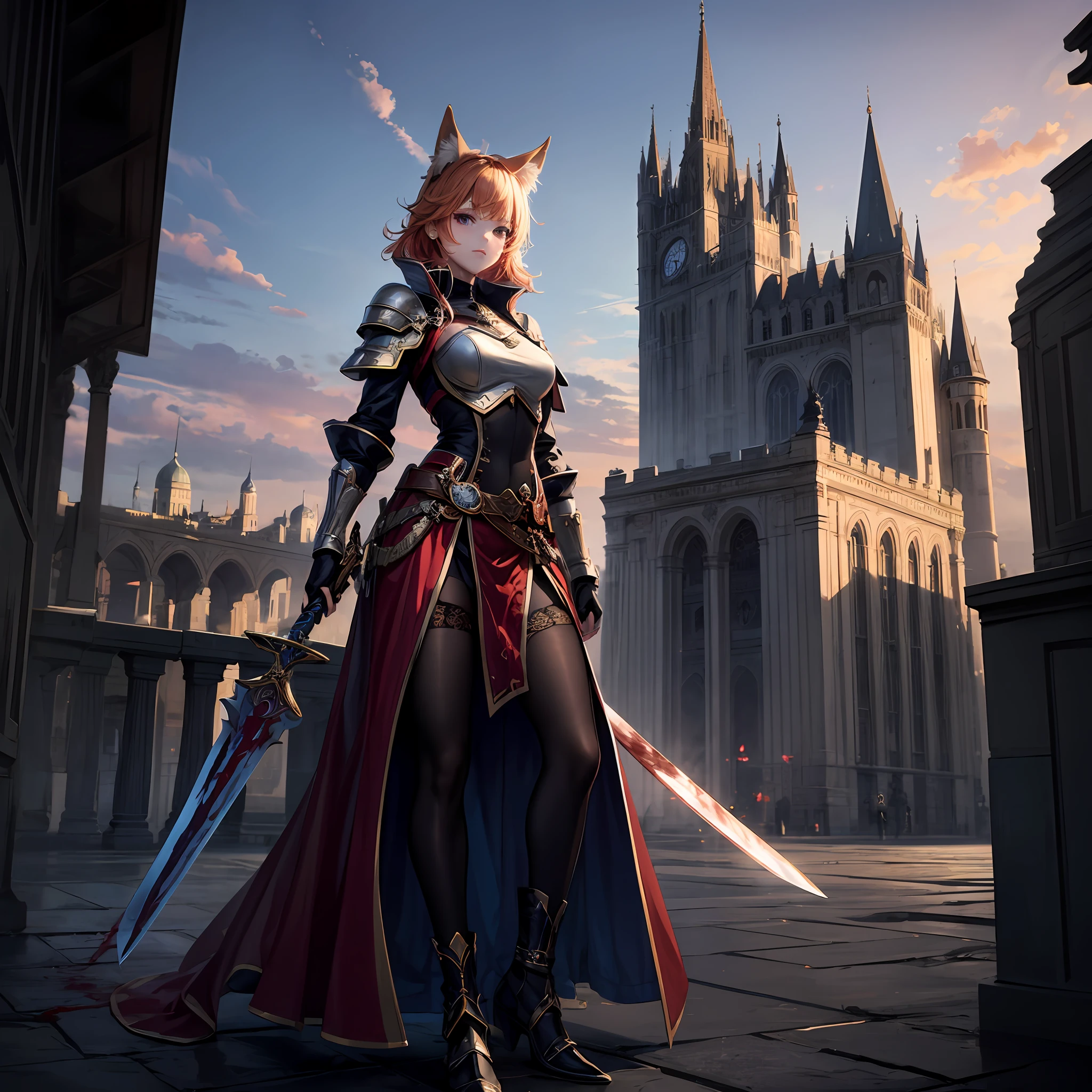 (Top Quality: 1.3), 8k, (Masterpiece: 1.3), Ultra High Resolution, 1 Girl, (fox: 1.5), (White Armor: 1.5), (Castle: 1.5), (With Sword: 1.5), (blood orange hair: 1.5), (Full Body: 1.4), Cute Face, Medium Hair, seriously, 18 years old, --auto