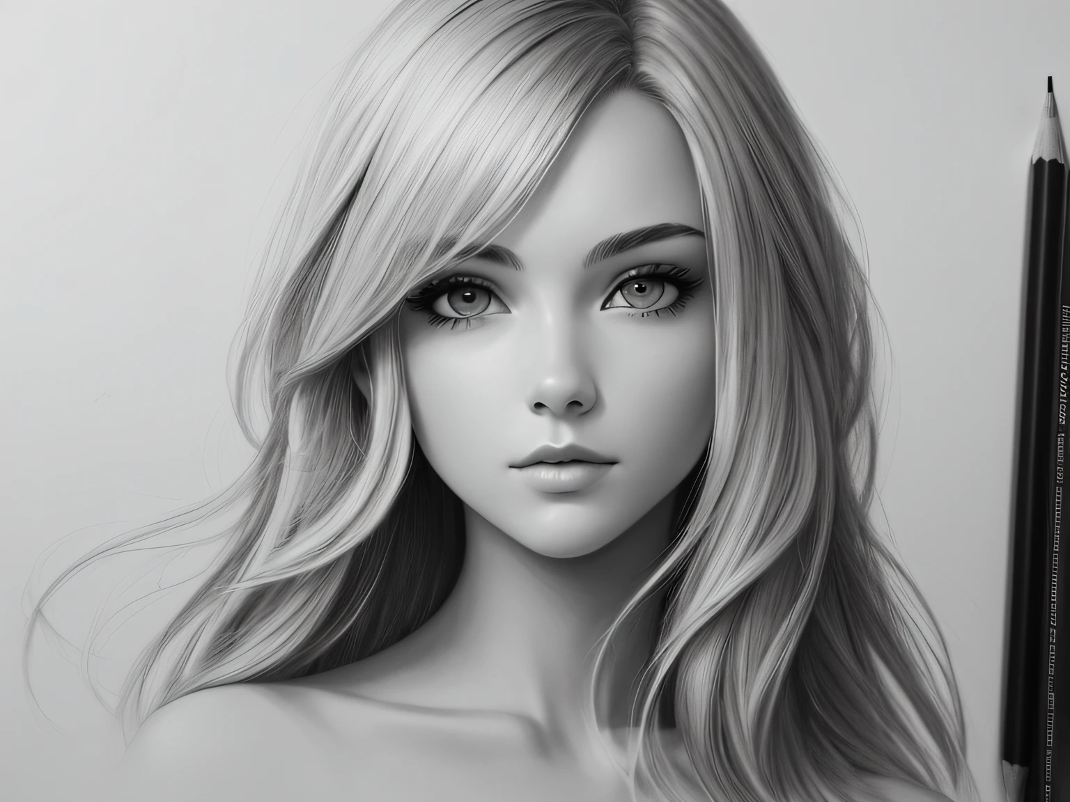 portraitures, 1girl in, stunningly attractive, The upper part of the body, sface focus, ighly detailed, top-quality, blondehair, (monochromes:1.2), grayscales, GRAPHITE \(midiam\), Drawing、Photo Real, in 8K --auto