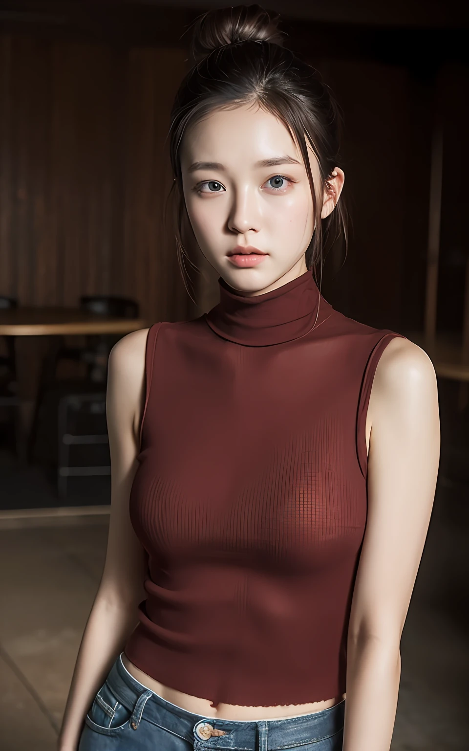 Highly detailed CG Unity 8k wallpaper, With the highest quality, super detailed, master piece, Realistic, photos realistic, extremely detailed cute girl, 25 years old, (sleeveless turtleneck) , Shorts, (blush) , Round eyes, Large breasts, looking viewer, Cowboy Shot , Duan , , Bun_Head