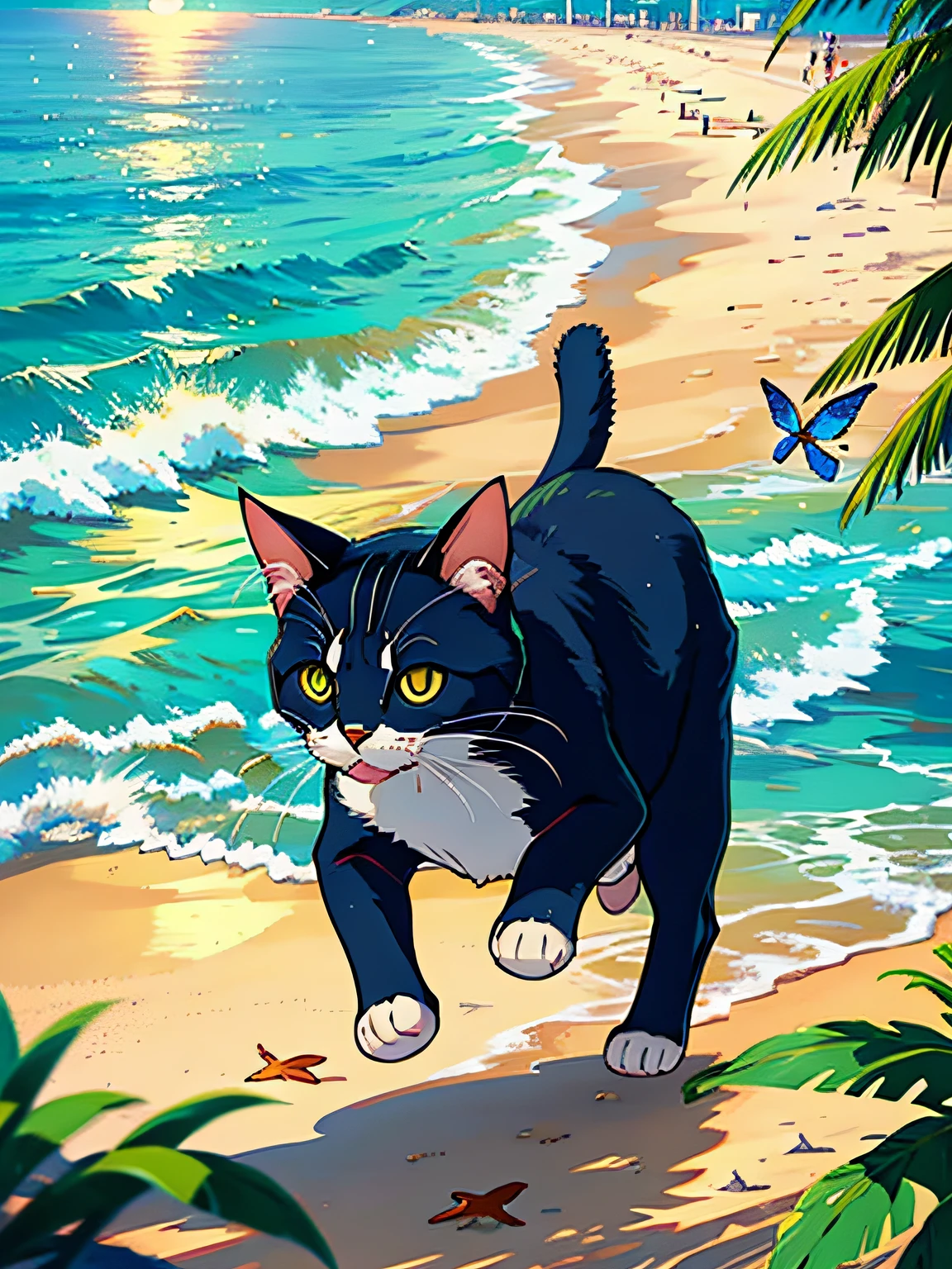 cat fly on the coud, summer, sun, ocean, beach --v6