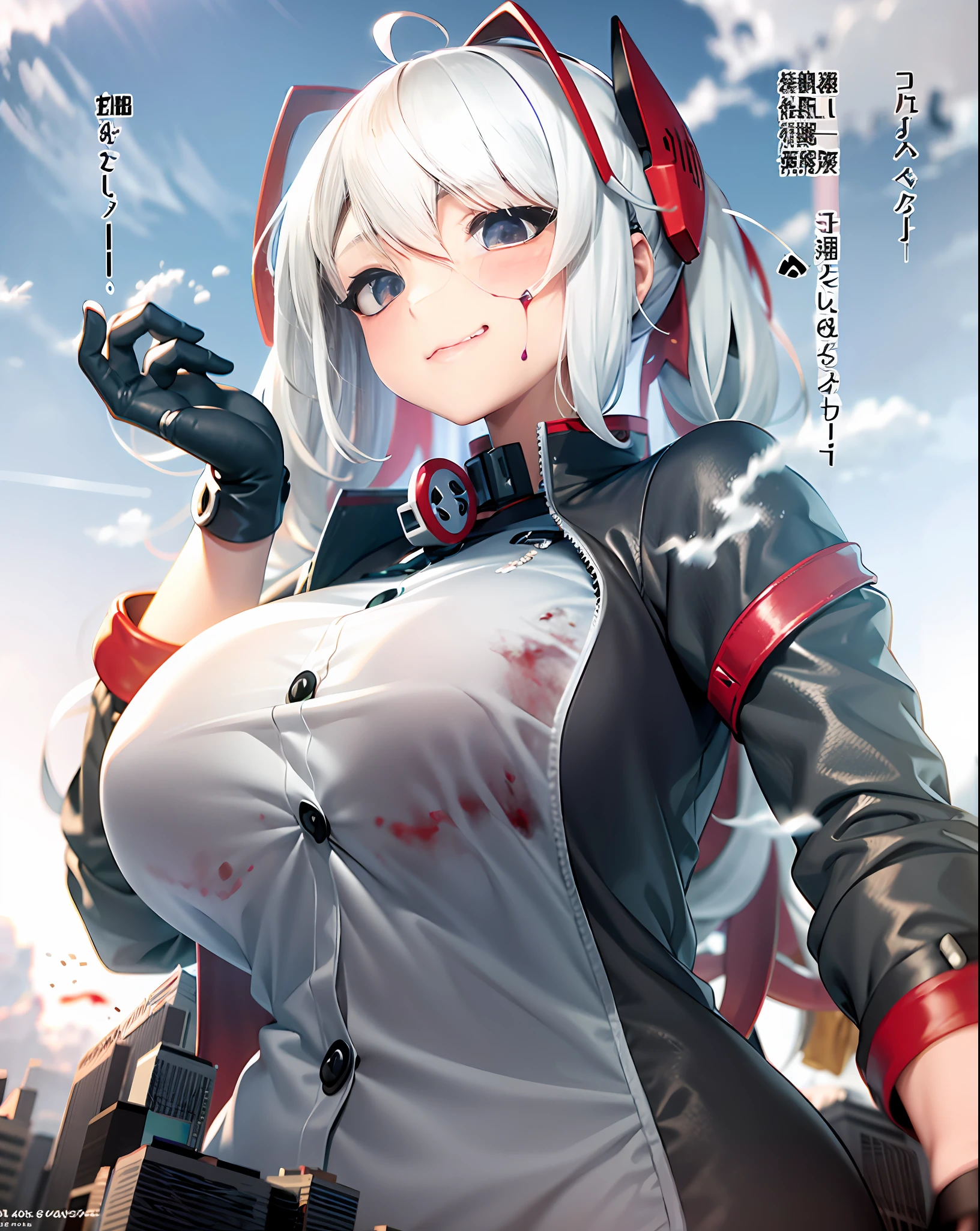 Anime characters with white and red hair and black jackets, Kantai collection style, kancolle, konpeki no kantai, azur lane style, twintails white_mitts, attractive matoi ryuko, Female protagonist 👀 :8, android heroine，giantess art, [ 4 K digital art ]!!, Pisif 3DCG, at pixiv, Digital art on Pisif , Highest rated on Pisif,, high view, 4k manga wallpapers，High detail，The expressions of the characters are slightly meaningful，Breasts are larger than the body，Milk spillage，Toe optimization，Wet all over，Breast-huge，Blood stains on the face，There are villains in the hands