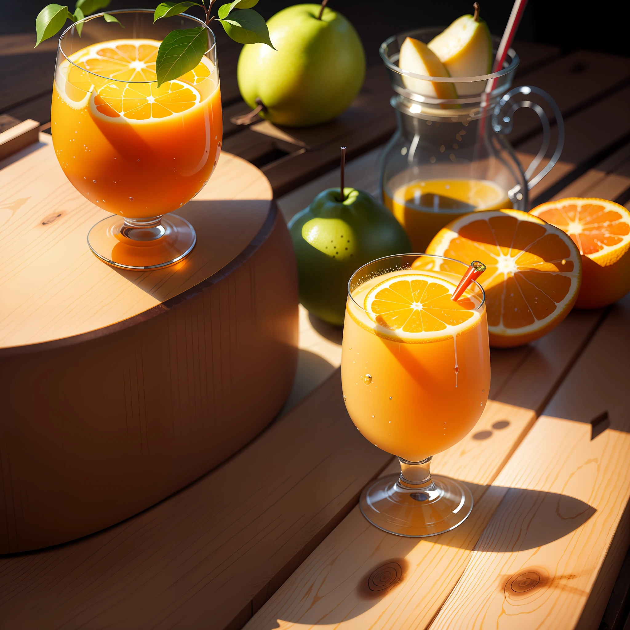 A glass with orange juice inside，Orange and pear in the background