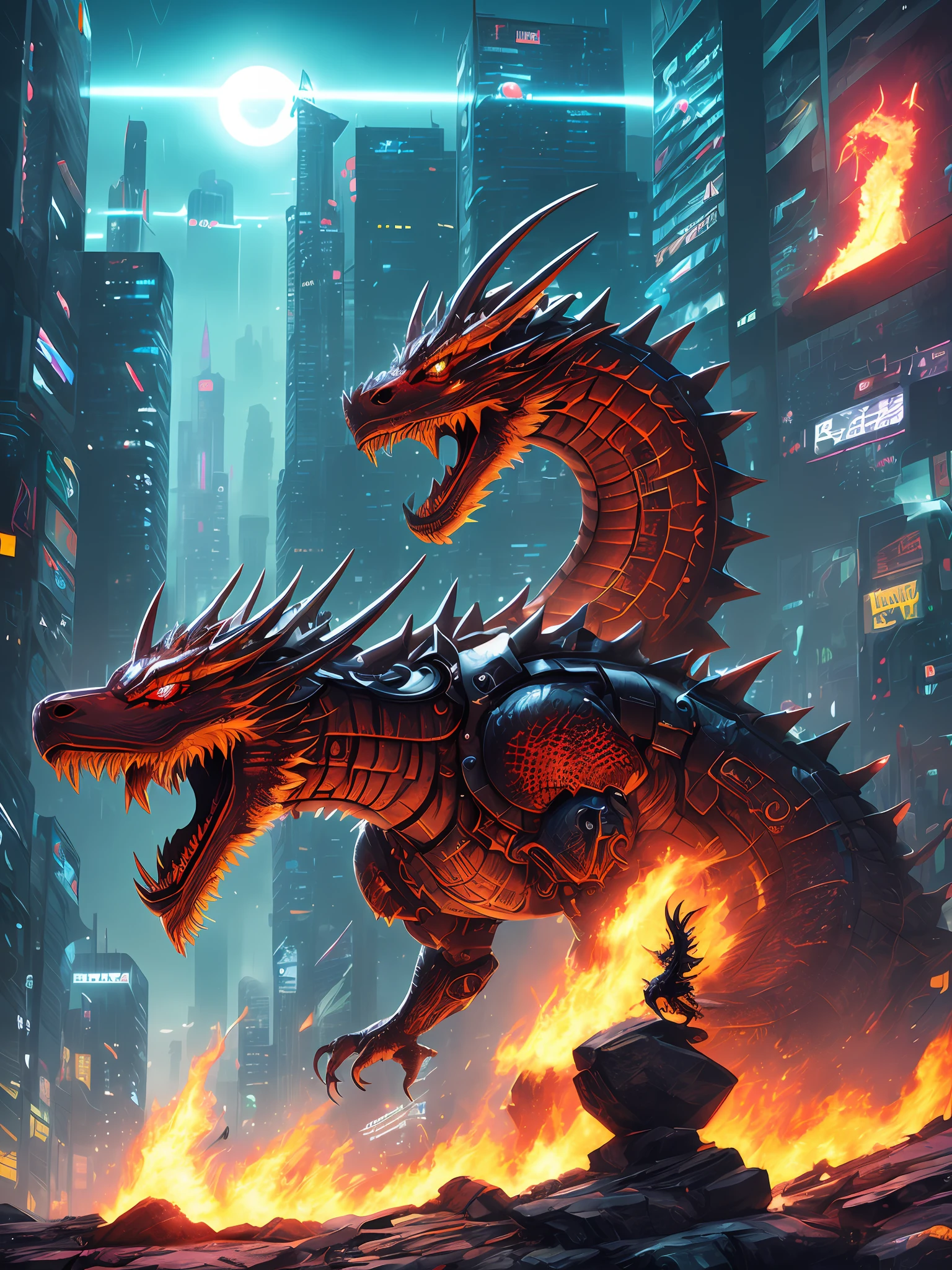 Mechanical Cyberpunk Oriental Dragon just head
 ashes。unholy
