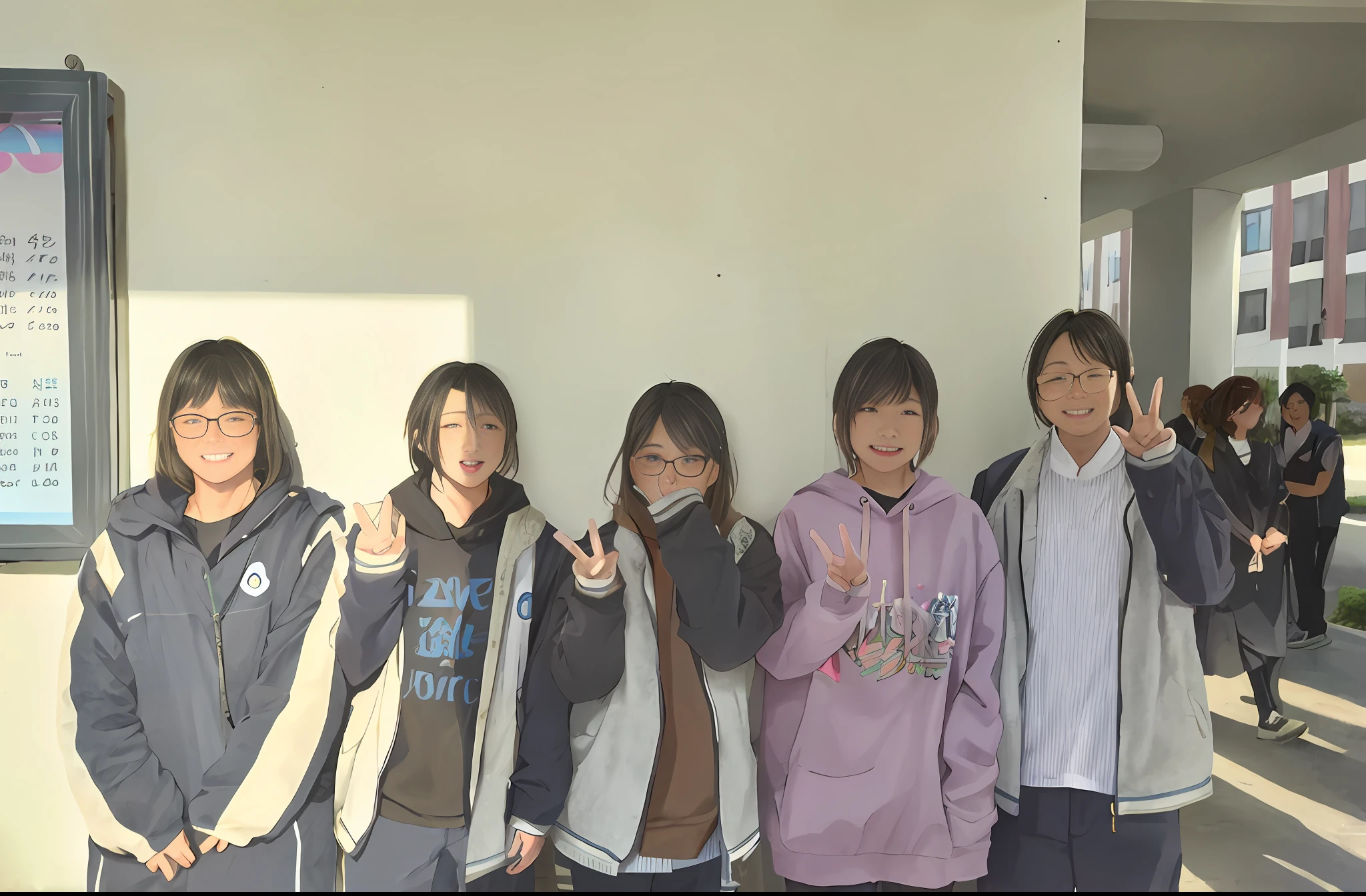 Several young men stood in a row with their hands raised,Japan High School, :6, Happy!!!,3, a variety of poses, Cute:2, in group photograph,rays of sunshine，youthfulness，