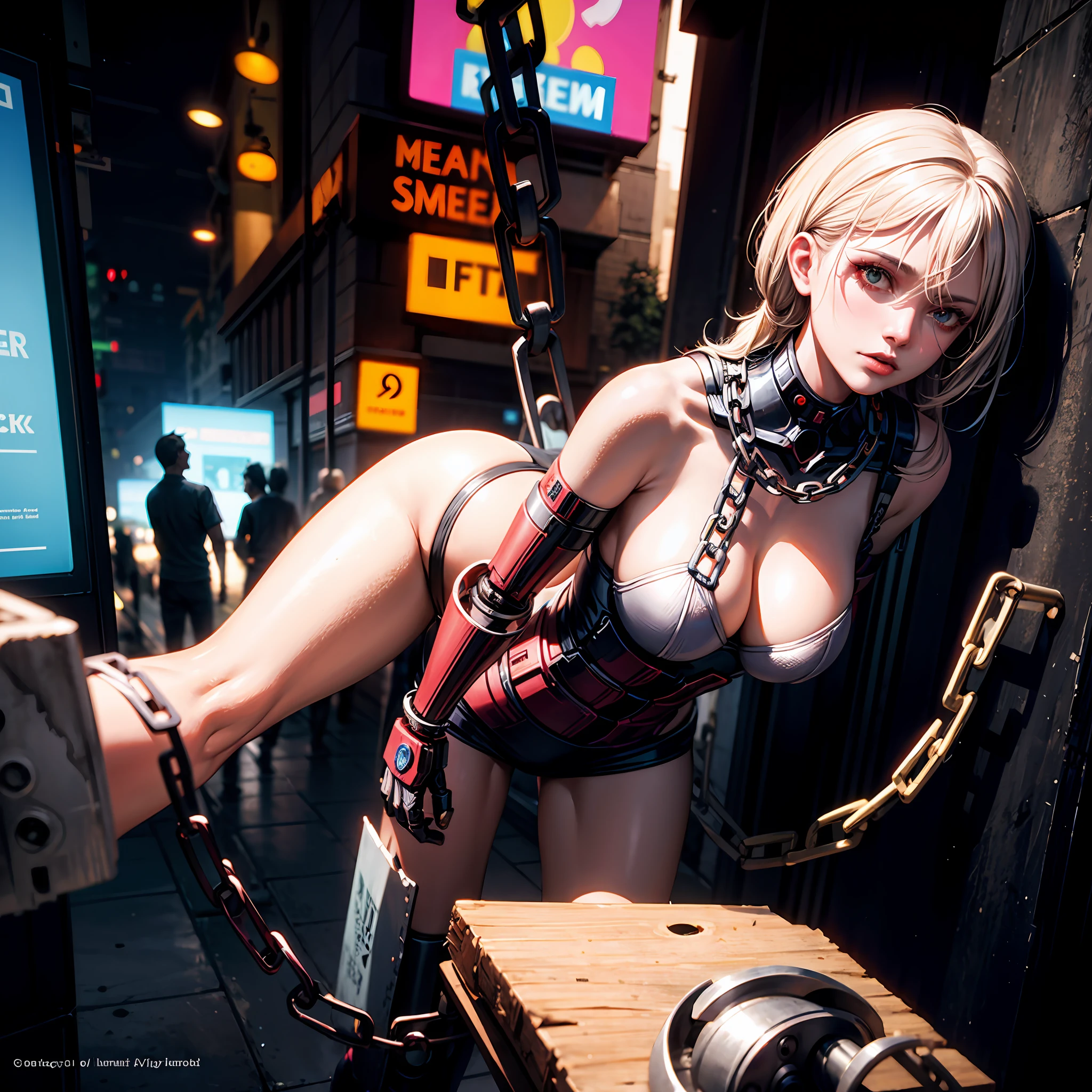 Dark_Fantasy,Cyberpunk,(chain saw,chain saw man,Red:1.1),1man,Mechanical marvel,Robotic presence,Cybernetic guardian, wearing a worn-out mech suit, intricate, (steel metal [rusty]), elegant, clear focus, shot by greg rutkowski, soft lighting, vibrant colors, masterpiece, ((street)), cowboy shot, dynamic pose,