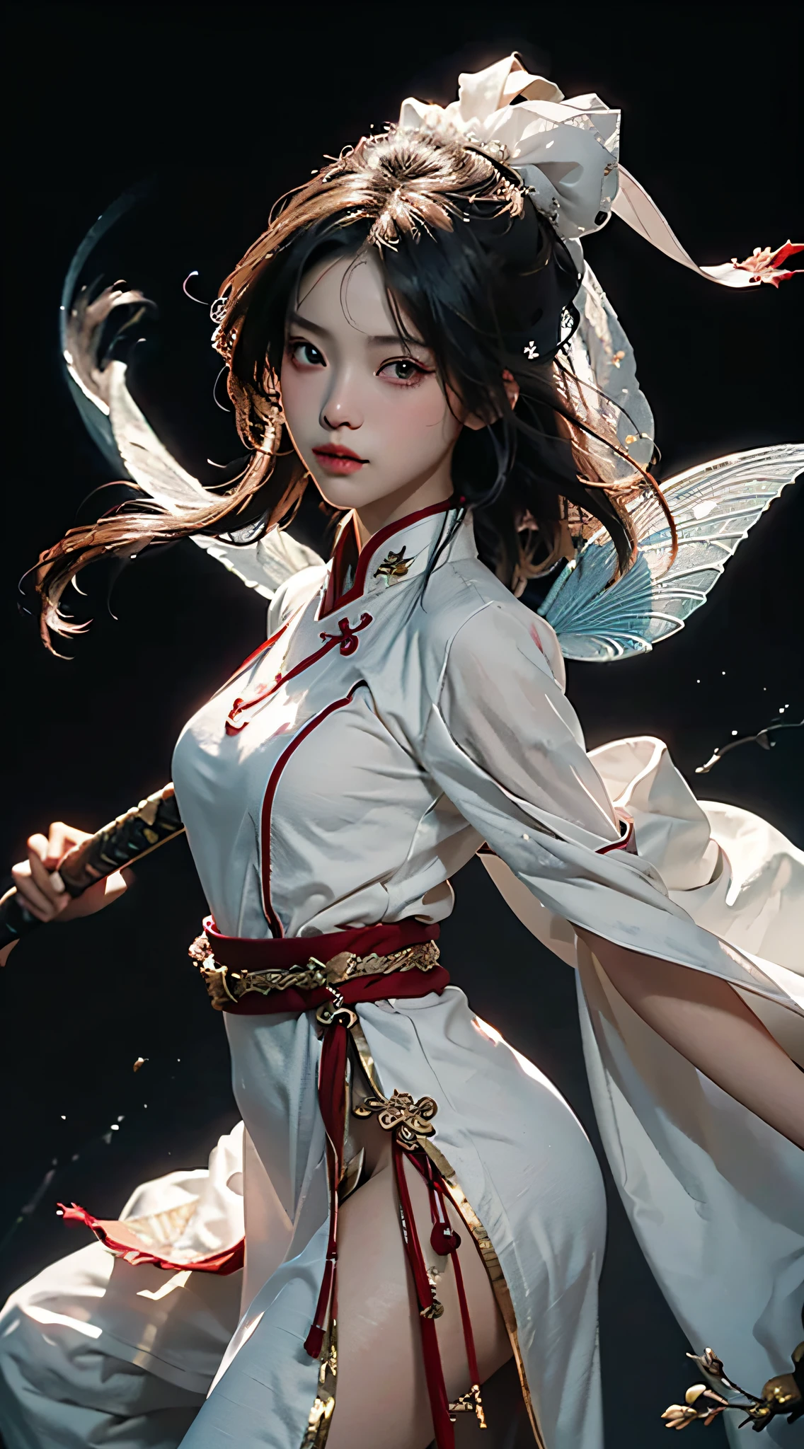 A close-up of a fairy woman dressed in a white Chinese dress and holding a long sword,Photo from Yang J's portrait,The style is inspired by CGSOCIETY pop art,A black ribbon covered her beautiful eyes,The composition is full and very fantastical,Presented beautifully、Extremely delicate painting style,Achieve the best quality and masterpiece level,Ultra-high resolution(Increased fidelity:1.4),The focus is on the stunning character bust,Wide angle,Works of art that show the Guweiz style,wears a long and flowing white robe,The whole body exudes the beauty of martial arts,Depict epic and beautiful character art,The beautiful figure of the heroine is enchanting。