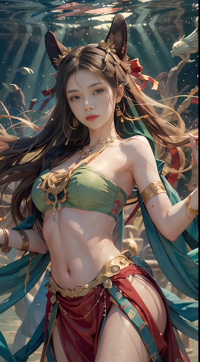 Long shot, a girl, wearing a green long dress, Dunhuang style, underwater, flying action, red ribbon wrapped around the body, surrealism, surrealism, supremacy, classicism, ultra hd, retina, masterpiece, ccurate, textured skin, anatomically correct, super detail, high detail, high quality, 1080P, high resolution, best quality, award-winning, 16k, 8k, 4k, hd