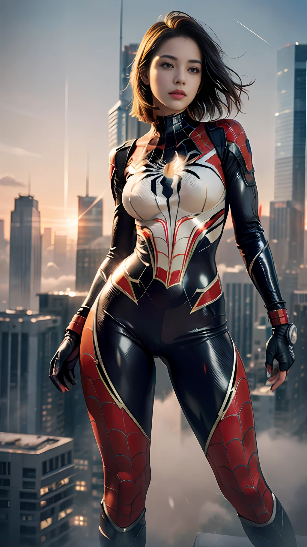 (1girl:1.3), Solo, (((Very detailed face)))), ((Very detailed eyes and face)))), Beautiful detail eyes, Body parts__, Official art, Unified 8k wallpaper, Super detailed, beautiful and beautiful, beautiful, masterpiece, best quality, original, masterpiece, super fine photo, best quality, super high resolution, realistic realism, sunlight, full body portrait, amazing beauty, dynamic pose, delicate face, vibrant eyes, (from the front), She wears Spider-Man suit, red and black color scheme, spider, very detailed city roof background, rooftop, overlooking the city, detailed face, detailed complex busy background, messy, gorgeous, milky white, highly detailed skin, realistic skin details, visible pores, clear focus, volumetric fog, 8k uhd, DSLR, high quality, film grain, fair skin, photo realism, lomography, futuristic dystopian megalopolis, translucent