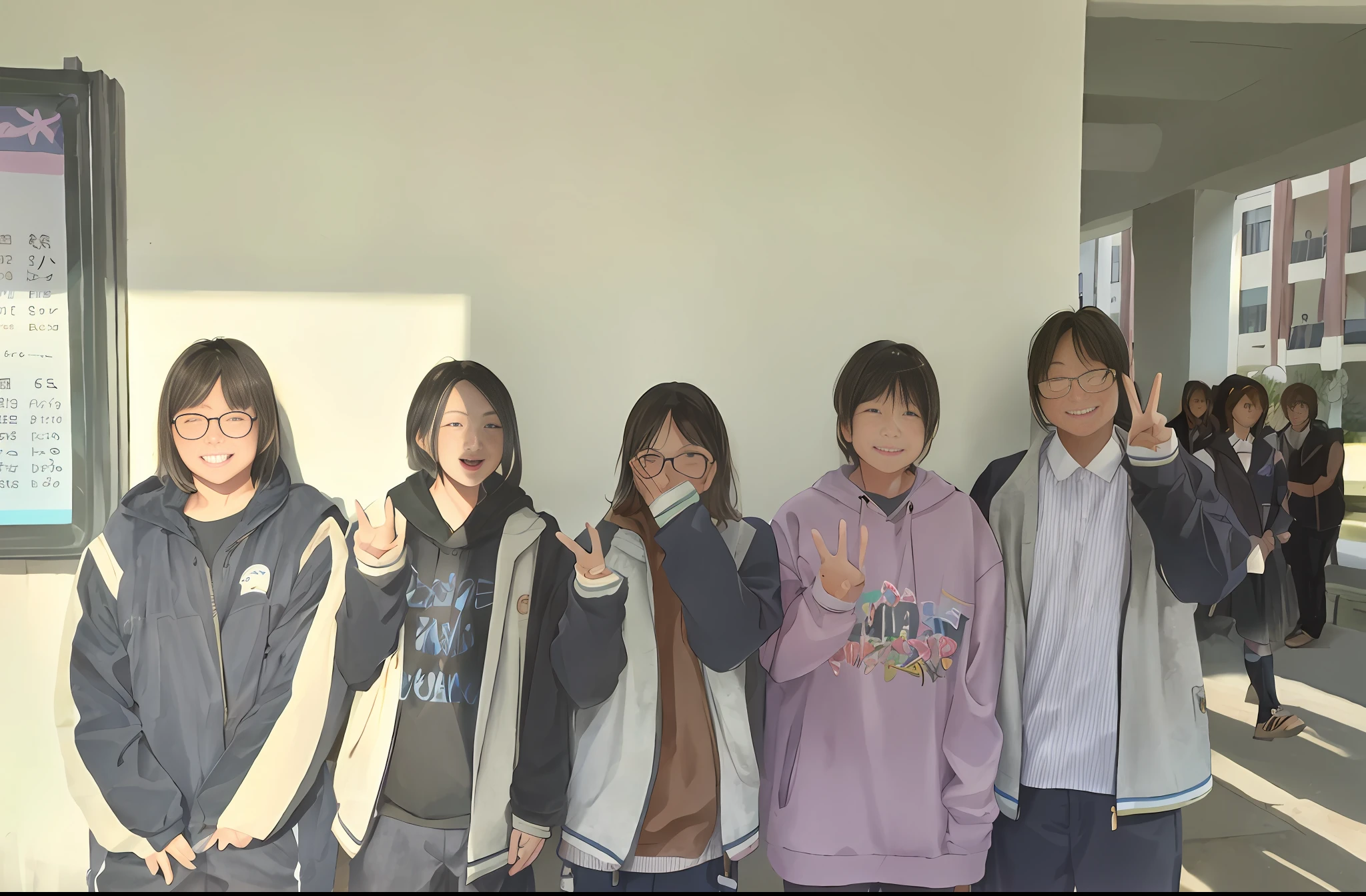Several young men stood in a row with their hands raised,Japan High School, :6, Happy!!!,3, a variety of poses, Cute:2, in group photograph,rays of sunshine，youthfulness，