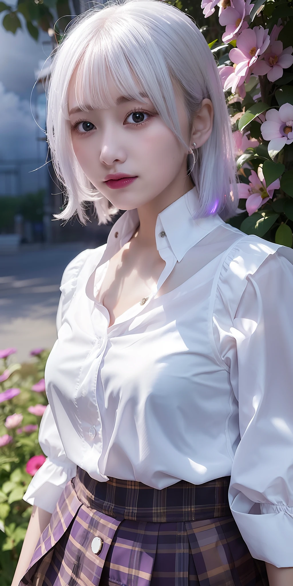 Realistic, 1 girl, white hair, purple eyes, glowing eyes, wearing a split blouse and skirt, biting her lower lip, slightly red cheeks, at night, surrounded by flowers, sunlight spilling on her body through the clouds.