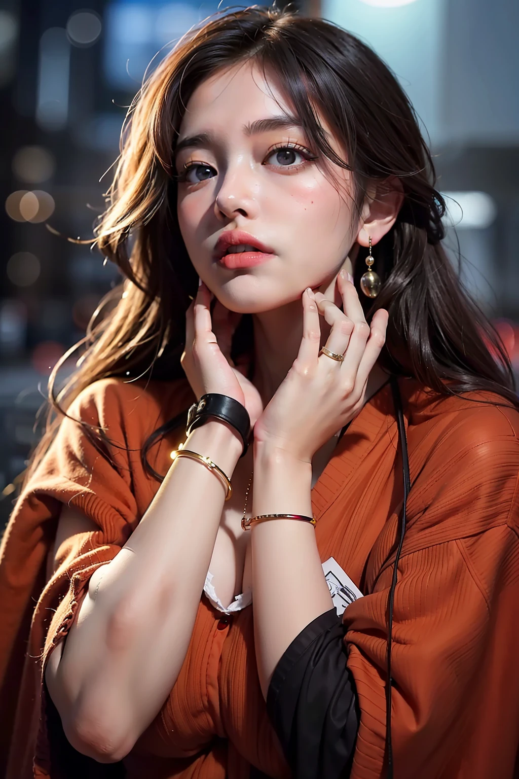 1girl, Tokyo street,night, cityscape,city lights, upper body,close-up, 8k, RAW photo, best quality, masterpiece,realistic, photo-realistic,