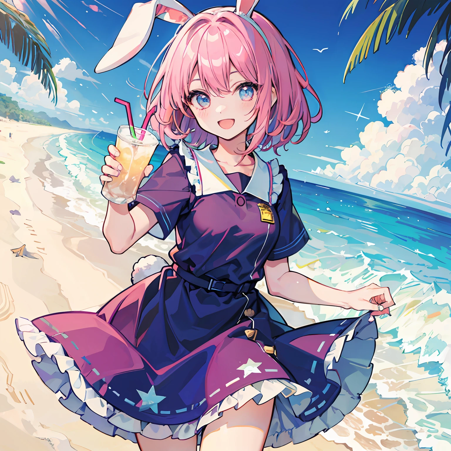 Rabbit-eared girl perspiring Happy smiling face Short sleeve dresses Cold cola drink beach