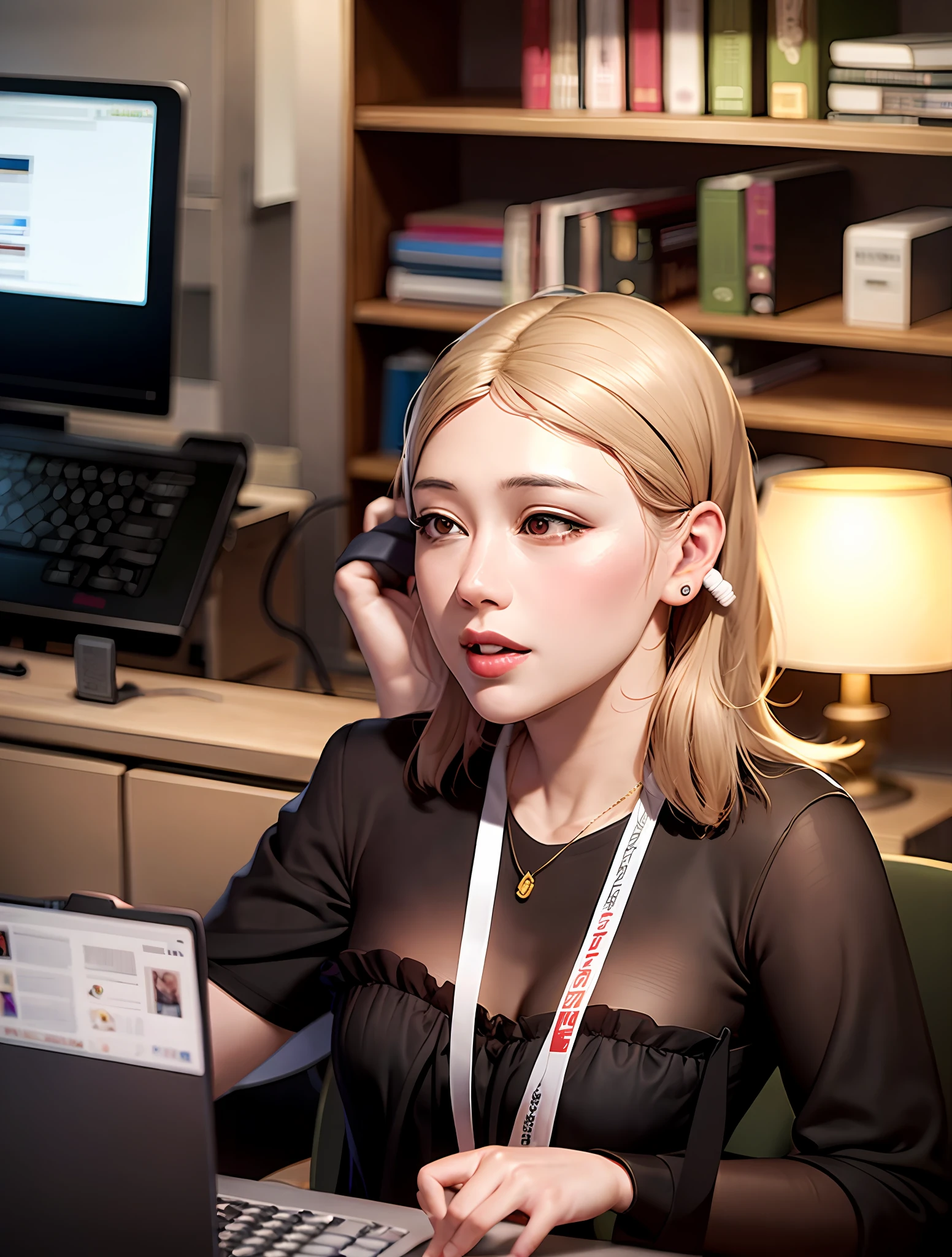 Sit at a golden desk,A blonde woman holds a laptop and a mobile phone,Shot with a Canan EOS R 6 camera。She is a surrealist schoolgirl,Artwork in the Guvez style,Next to greenery,Presents a realistic anime 3D style。This digital anime illustration has attracted a lot of attention on the CGSTATION platform,Depicting a realistic anime girl。Her image seems to have originated from an online school,The aesthetic anime texture has deeply touched people。The source of this painting is the Anime Artist Studio。