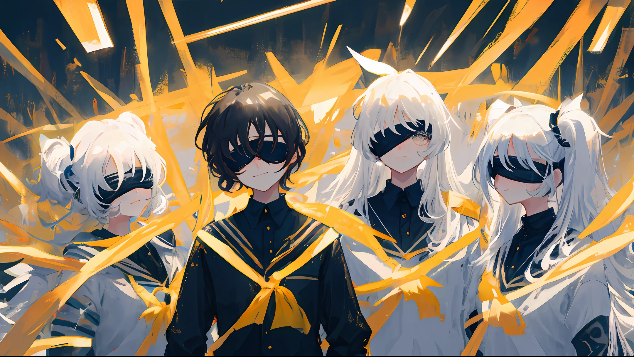 The eyes are covered with white bandages,Eyes are not visible,cabelos preto e longos,(tmasterpiece,Need,Need,Official Artist,Aesthetic and aesthetic:1.2),blindfolds,longer sleeves,By bangs,ssmile,The upper part of the body,bandagens,Extremely fine,Thinnest、Light mixing、Playful pattern、Lively texture、unique visual effect,black uniforms,Without smiling