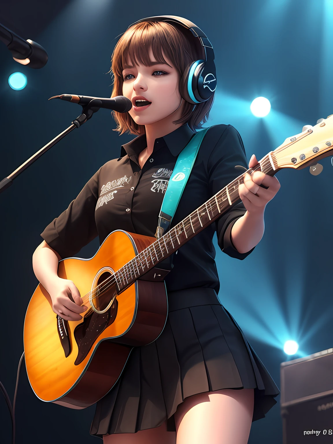 solo beautiful (1girl:1.3), cute pop singer, melancholy, short hair, symmetrical teary blue eyes, black skirt, pleated skirt, black shirt, singing and playing guitar, headphones, holding plectrum, one side up, cinematic, concert lighting, dynamic angle, beautiful detailed glow, full body, cowboy shot, (high detailed skin, soothing tones :1.25), hyperdetailed
