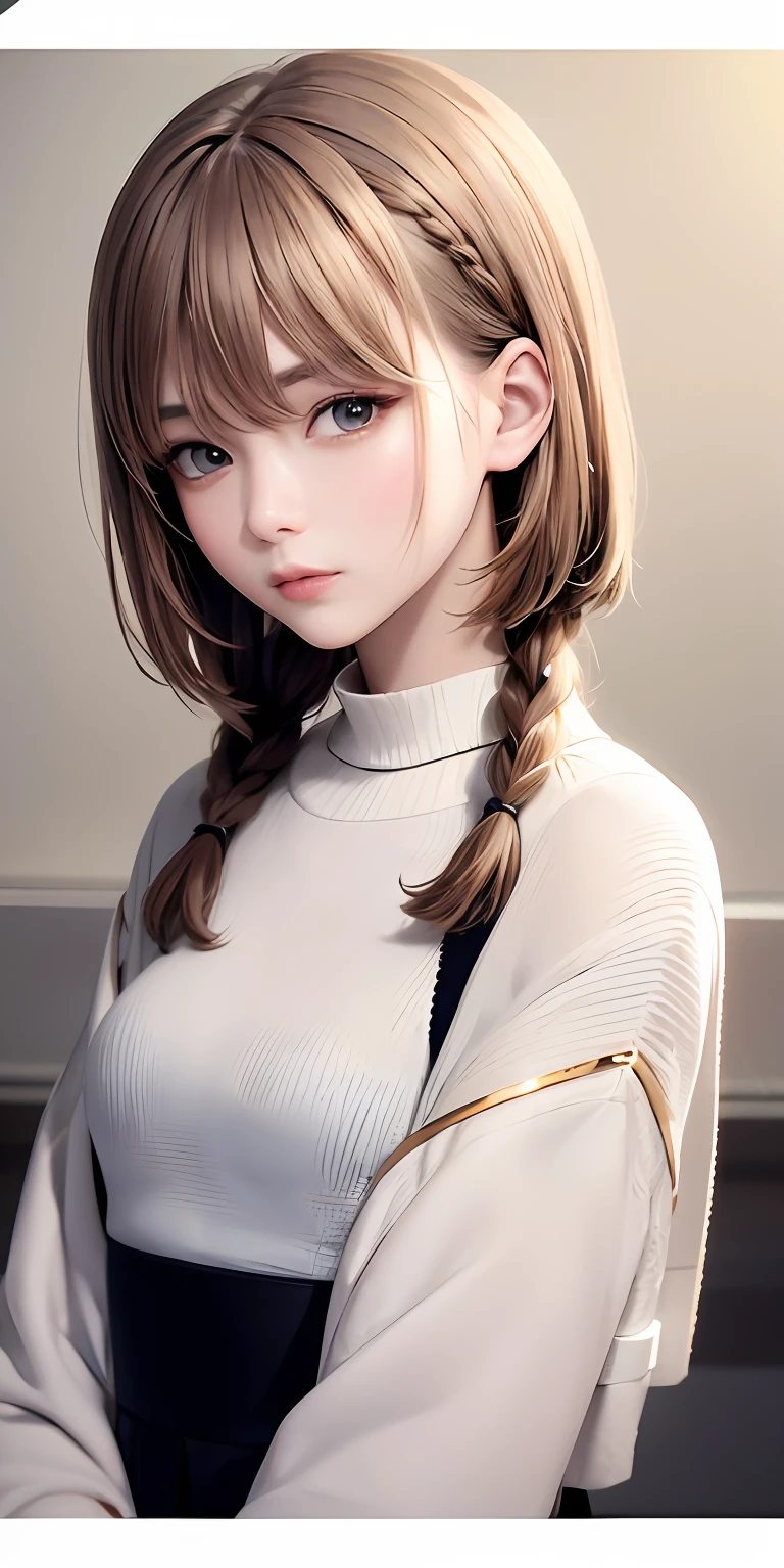 (Diffusion Model) The best masterpiece with the best picture quality,Top-down view,whaite hair,Golden eyes,Manteau blanc,The upper body sticks out slightly,Hair is naturally scattered,It is even more beautiful against the background of fair skin,Side braids are doubly gentle。