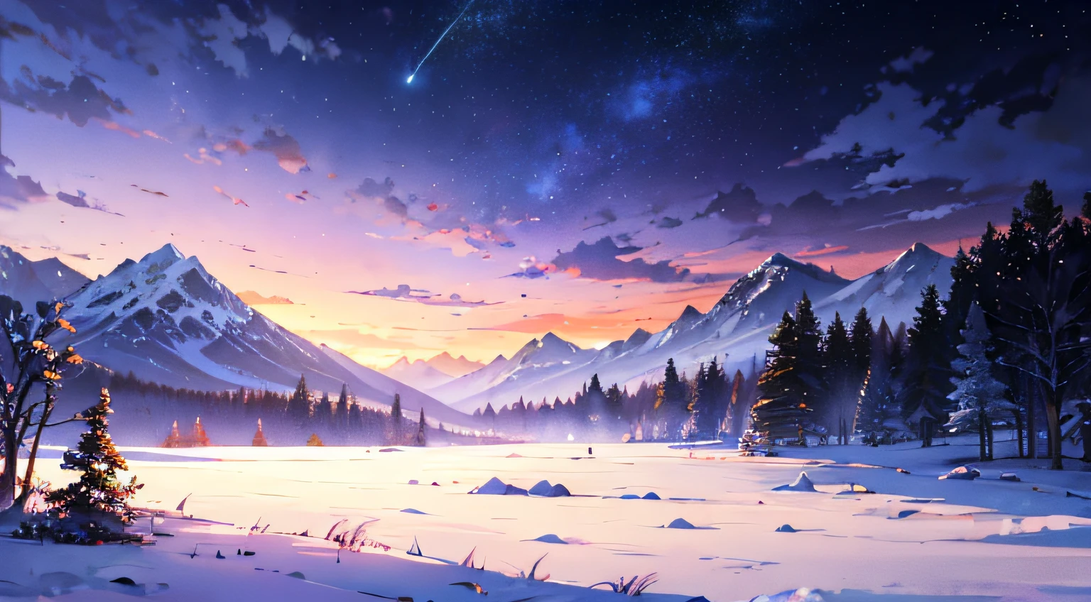 ((Estilo de Makoto Shinkai)),Anime Paintings,The picture is fine,Pink-purple sky,beautiful scence,Cosmic magical realism ((Makoto shinkai style)):0.8) [artistic atmosphere,Ambient:0.8,starrysky,moutains,snow mountains,Sparkling water surface,grassy fields,the trees,smog,Rookie,Extremely low viewing angles,Specular scattering,] --auto