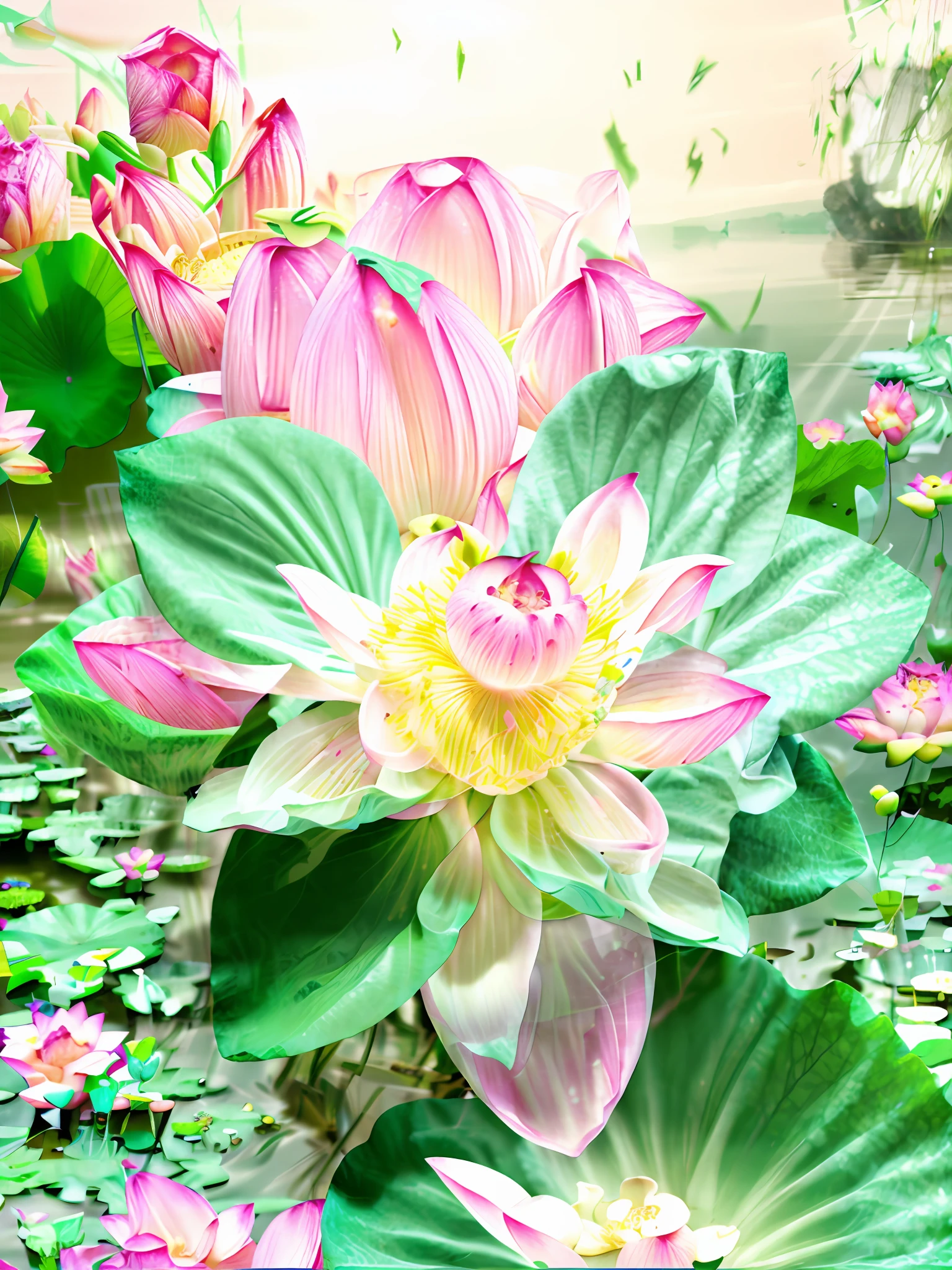 Close-up of pink flowers with green leaves in the background, Pink Lotus Queen, lotus flower, lotus petals, lotuses, Lotus, sitting on a lotus flower, standing gracefully upon a lotus, lotuses, with lotus flowers, large flower head, Lotus pond, waterlily mecha nymphaea, lotus flowers on the water, Beautiful large flowers