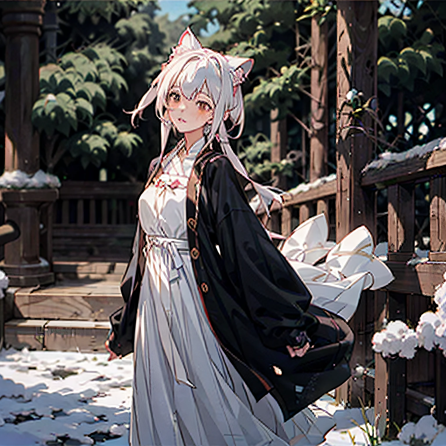 Anime girl with white hair and white cat ears in the snow, white-haired god, White-haired fox, White Cat Girl, beautiful anime catgirl, a beautiful anime portrait, Very beautiful anime cat girl, Guviz-style artwork, white haired Cangcang, anime girl with cat ears, Girl with white hair, Guweiz in Pixiv ArtStation