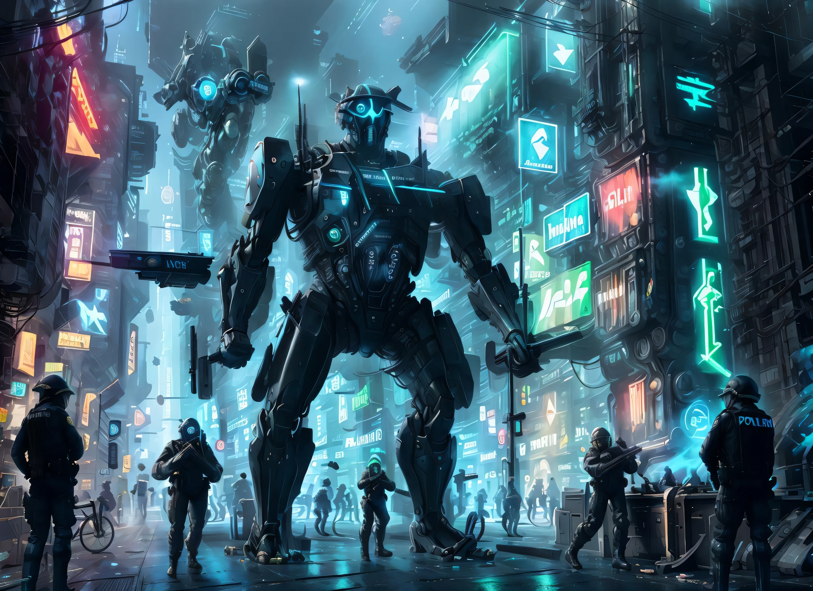 night, street, city, futuristic, scifi, science fiction, (police), guns, neon, bike, bicycle, android, robot, people, blue, green, massive