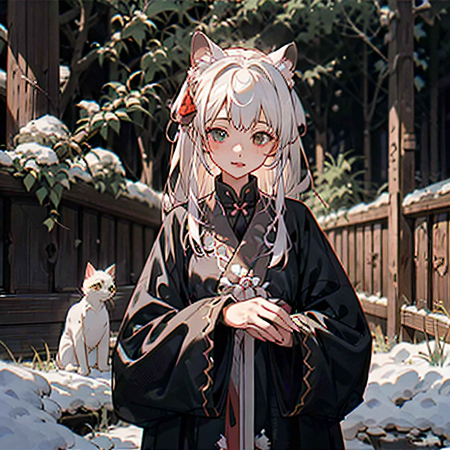 Anime girl with white hair and white cat ears in the snow, white-haired god, White-haired fox, White Cat Girl, beautiful anime catgirl, a beautiful anime portrait, Very beautiful anime cat girl, Guviz-style artwork, white haired Cangcang, anime girl with cat ears, Girl with white hair, Guweiz in Pixiv ArtStation