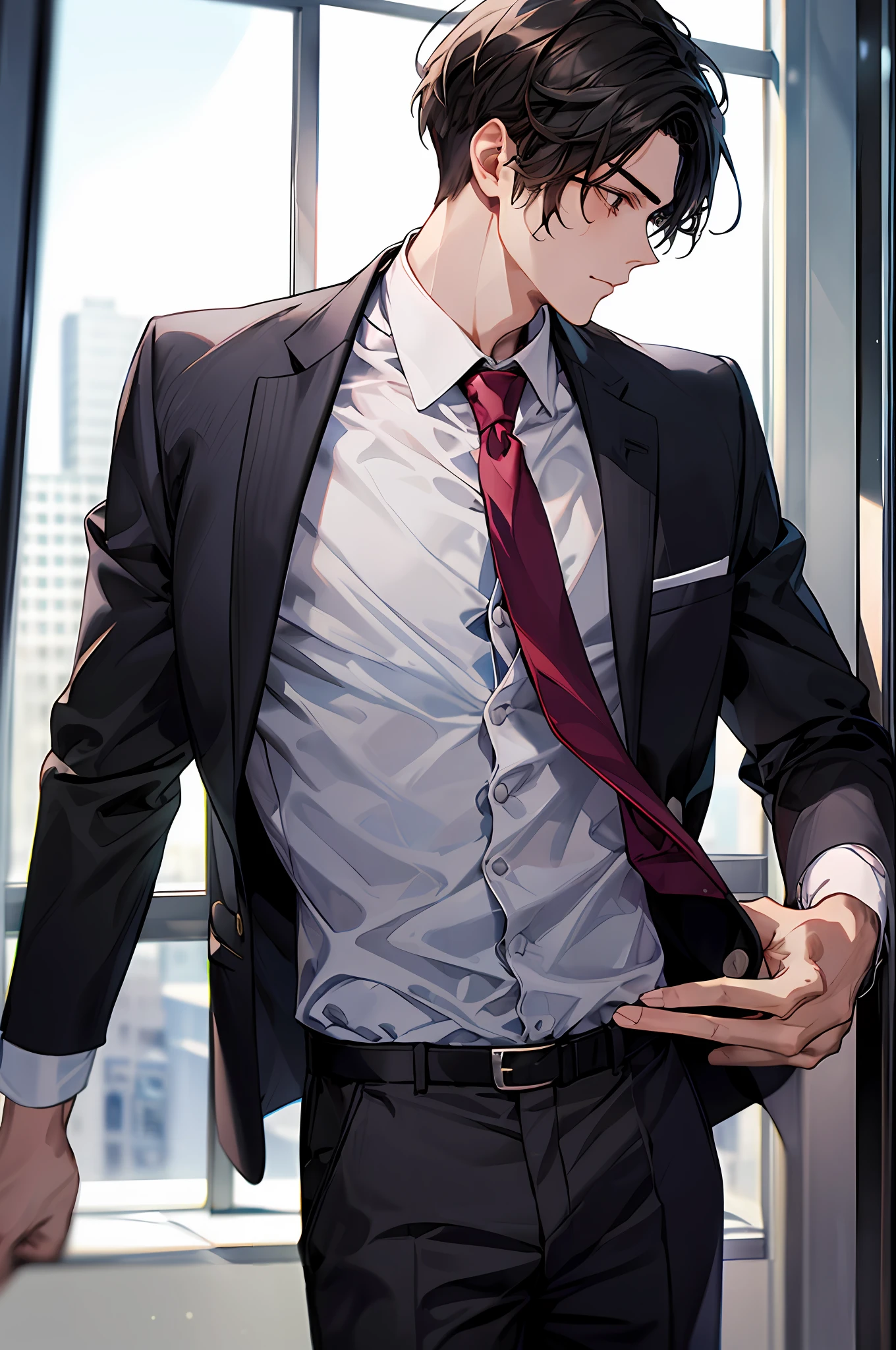 1boy, face focus, adult, business suit, jacket, white shirt, necktie, pants, best quality, hires, detailed face, office, buildings from window, detailed background, diffused sunlight, depth of field, bokeh