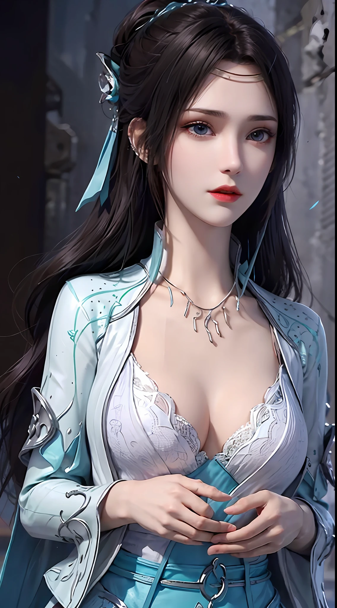 1 beautiful girl in hanfu dress, thin blue silk shirt with many white patterns, white lace trim, purple black long ponytail, hair jewelry, ear jewelry, necklace and necklace, meticulously drawn big blue eyes, meticulous makeup, thin eyebrows, high nose, pretty red lips, no smile, pursed lips, rosy cheeks, enlarged breasts, huge breasts, well-proportioned breasts, slim waist, colored mesh socks blue, hands relaxed, hands relaxed and not holding anything in hand, chinese hanfu style, fictional art textures, vivid and realistic colors, RAW photos, realistic photos, 8k surreal photos ultra high quality, (amazing lighting effect: 1.8), 10x pixels, magic effect (background): 1.8), super detailed eyes, girl portrait, girl alone, historical background hanfu,