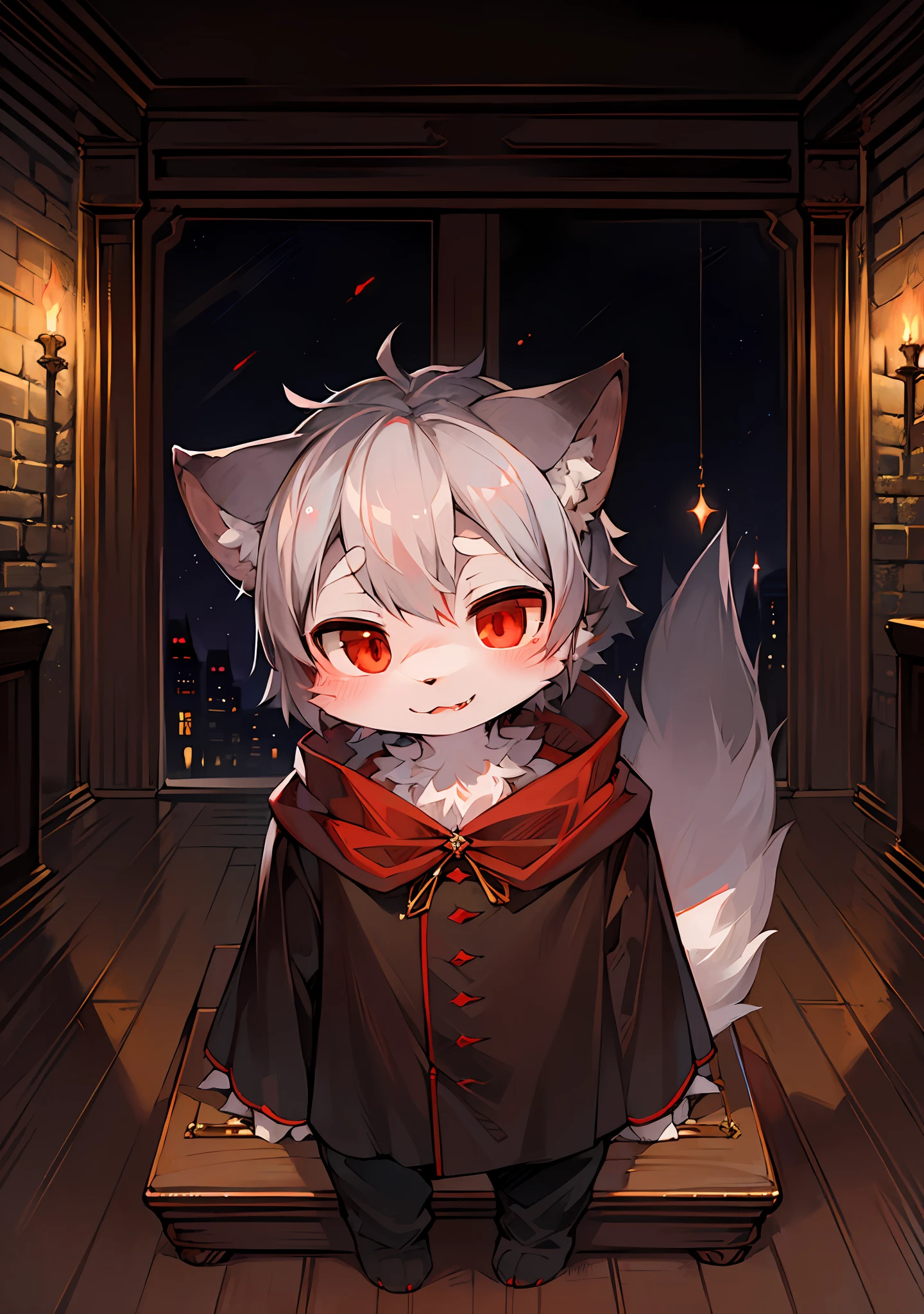 (dark environment:0.8),masterpiece, high quality, absurd res, digital painting \(artwork\), by dagasi, yupa,kiyosan,(anthro,fluffy fur,character focus:1.1),anthro male cat,short hair,portrait, bright eyes,panorama,character focus.(detailed background:0.7),solo,furry,furry male ,male focus,anthr,(Full body fur, fluffy tail, white fur,red eyes,gray hair:1.2),(long canines,vampire, cape:1.2),(interior,night, castle, coffin:1.1)