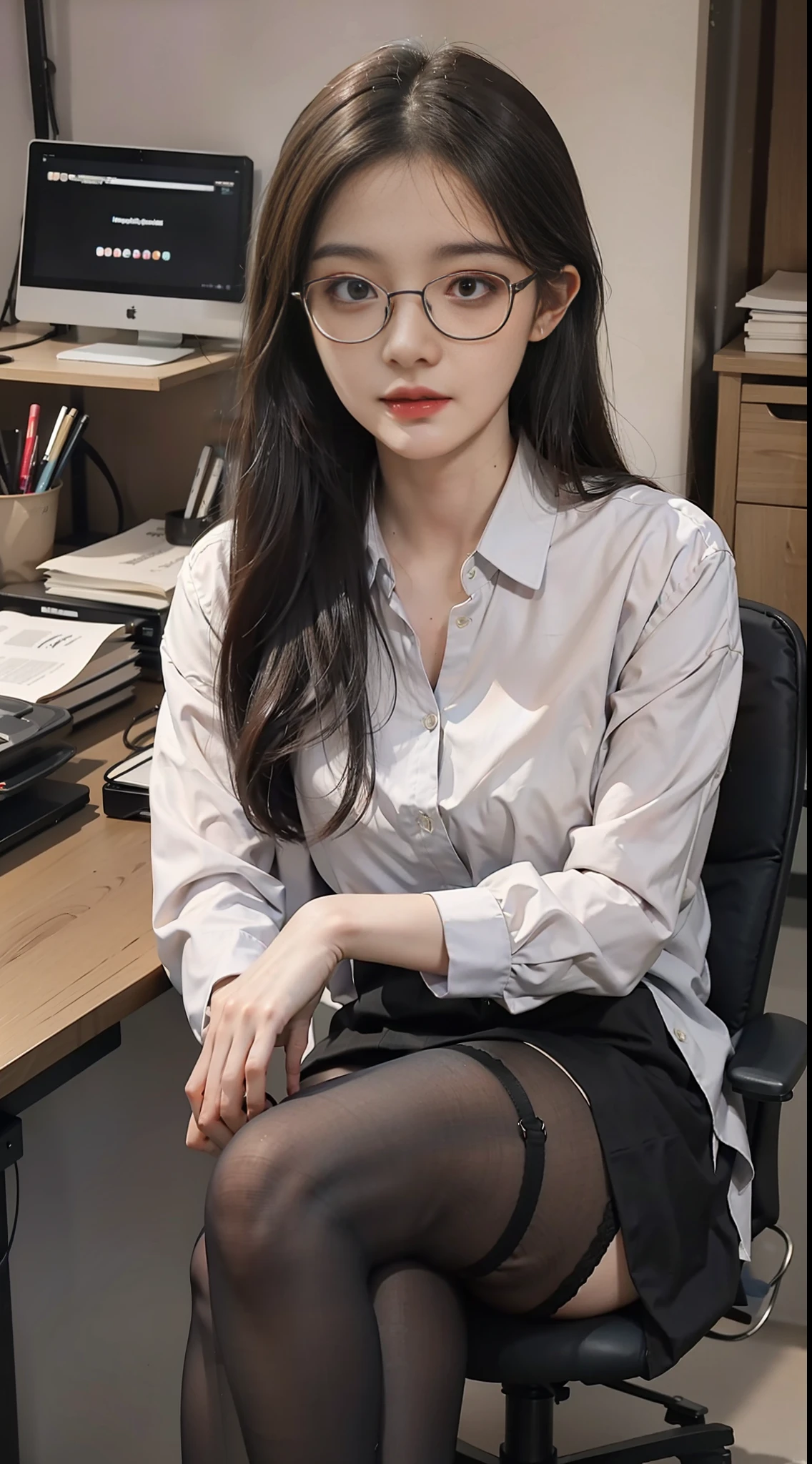 best qualtiy, Full body like,Refined face,pretty face,20yo Woman,slimfigure,Smaller bust,office lady uniform,Office wear,black lence stockings,interior scenes,Sit Pose,wears glasses
