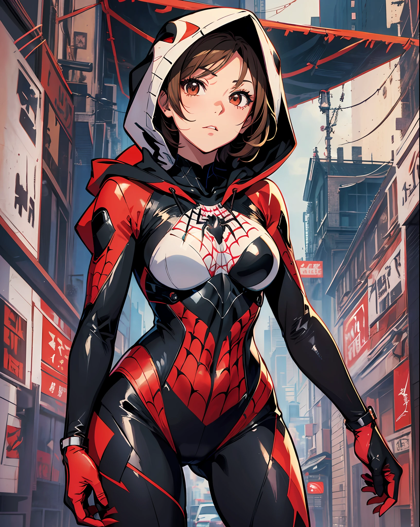 "A stunningly detailed spider woman in anime style, light brown hair, wearing a red, white, and black spider suit (or bodysuit) with short hair, hood down,masterpiece, best quality, 2.5d art