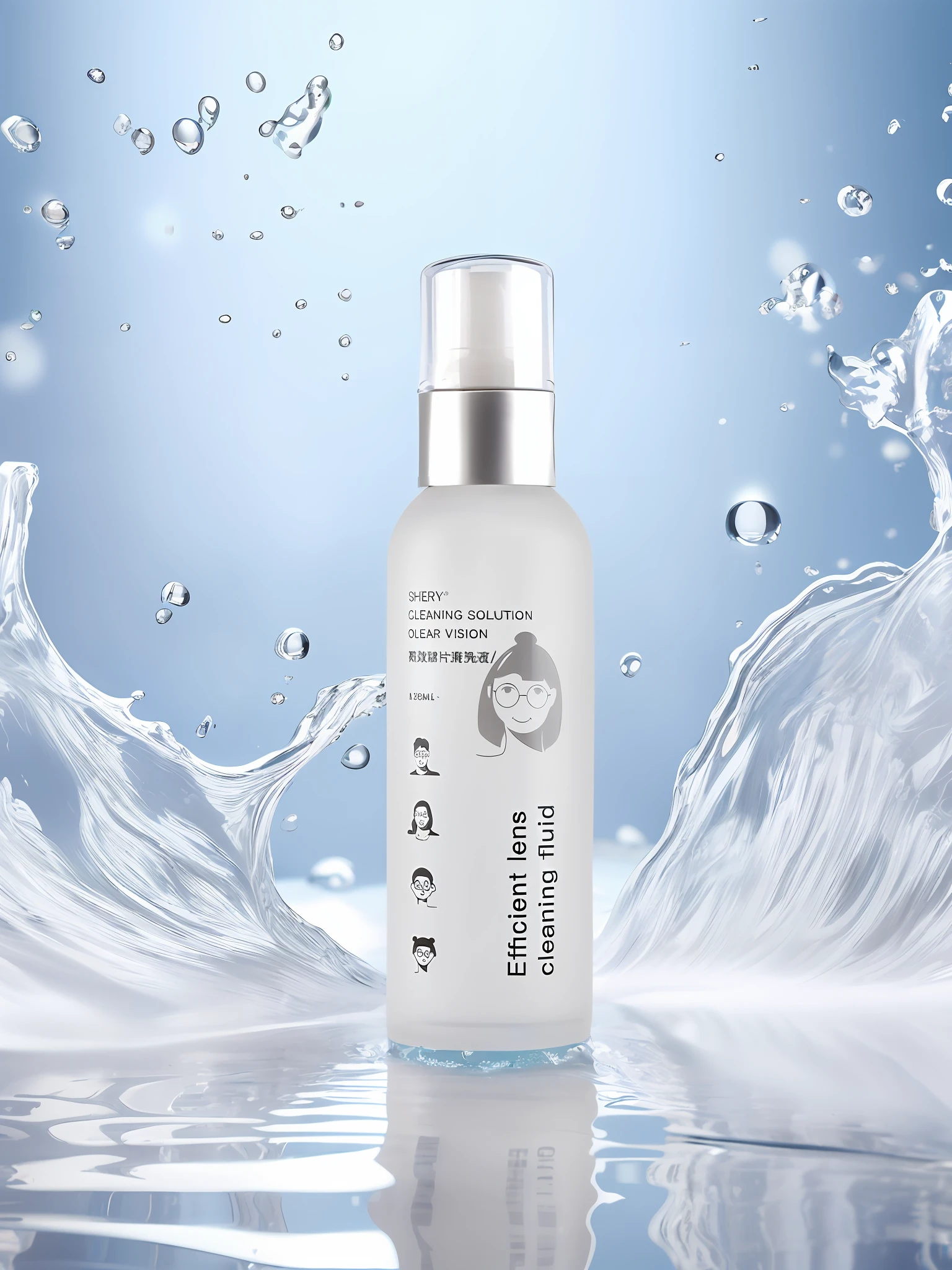 Have a water bottle,There are a lot of bubbles on it, professional product shot, full product shot, Clean face and body skin, hair fluid, Official product image, Official product photo, Product photo, shiny skin”, enhance face, Water mist, product introduction photos, product introduction photos, professional product photo, ellegance, the essence, bubbling skin, Facial strengthening,Reflection products in water