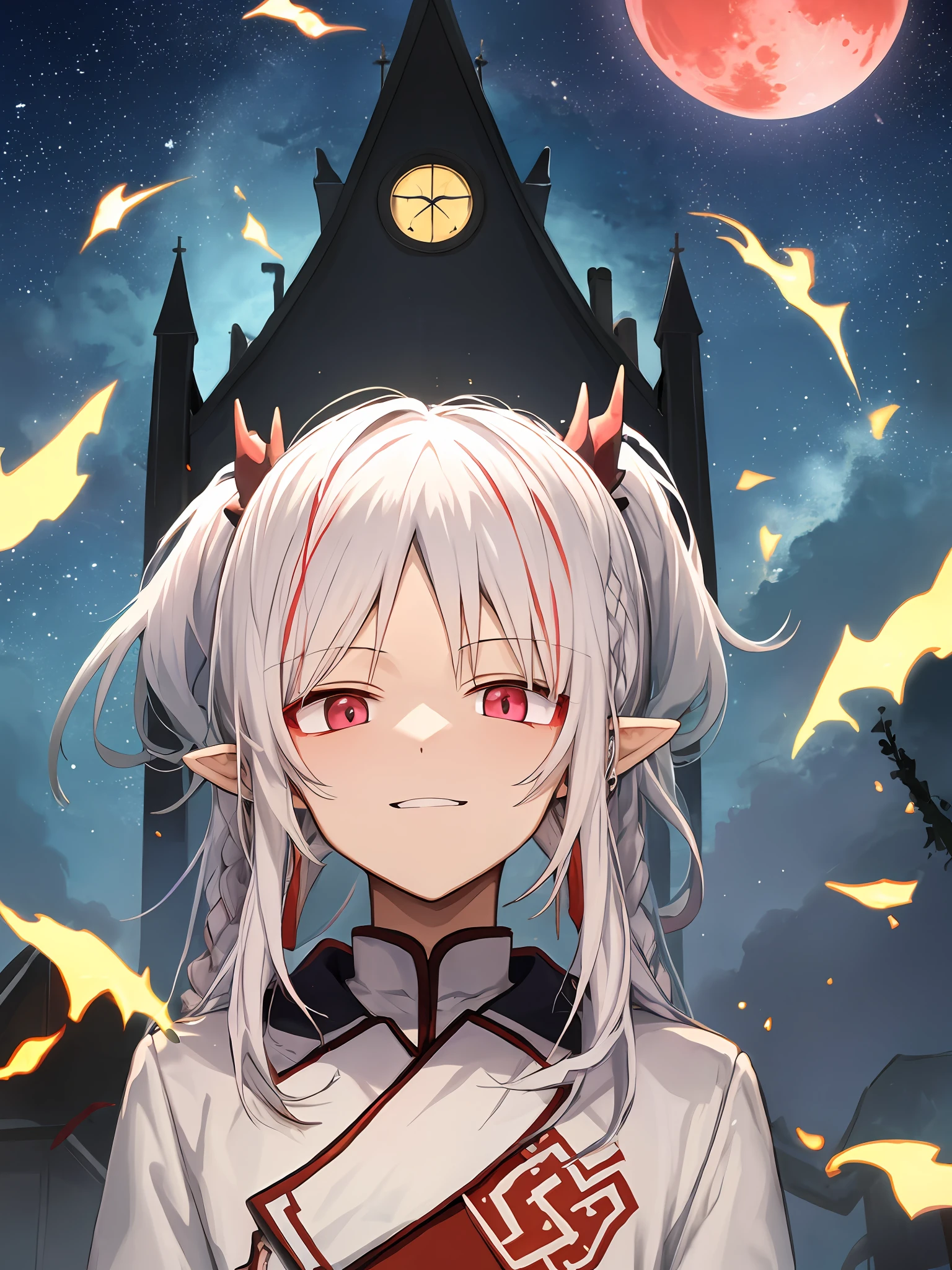 Darkness Red Moon Clouds Stars Ray Tracing Cool Colors Church Cute Heterochromic Hitomi White Hair Anime Boy Masterpiece Superb Perfect Atmospheric Highest Quality